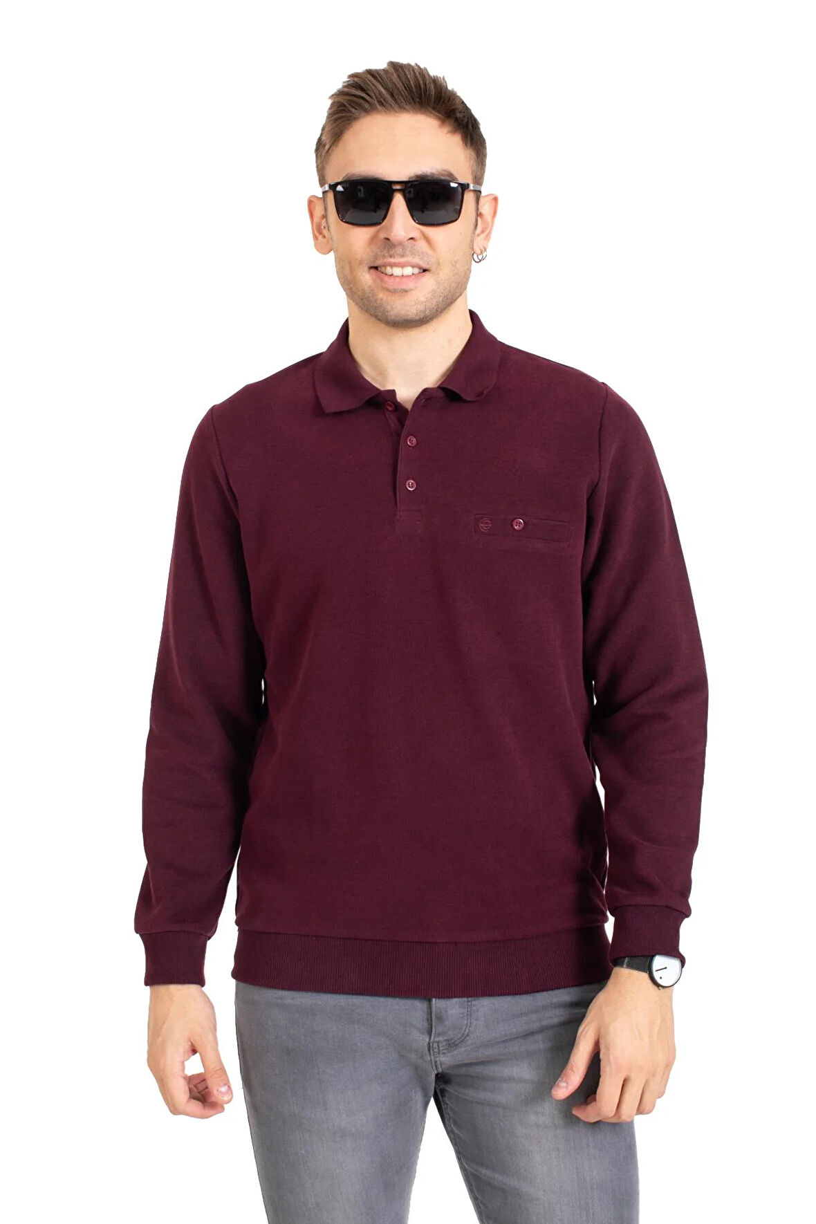 Erkek Klasik Regular Kalıp Pamuklu Selanik Polo Yaka Sweatshirt 1108-Bordo