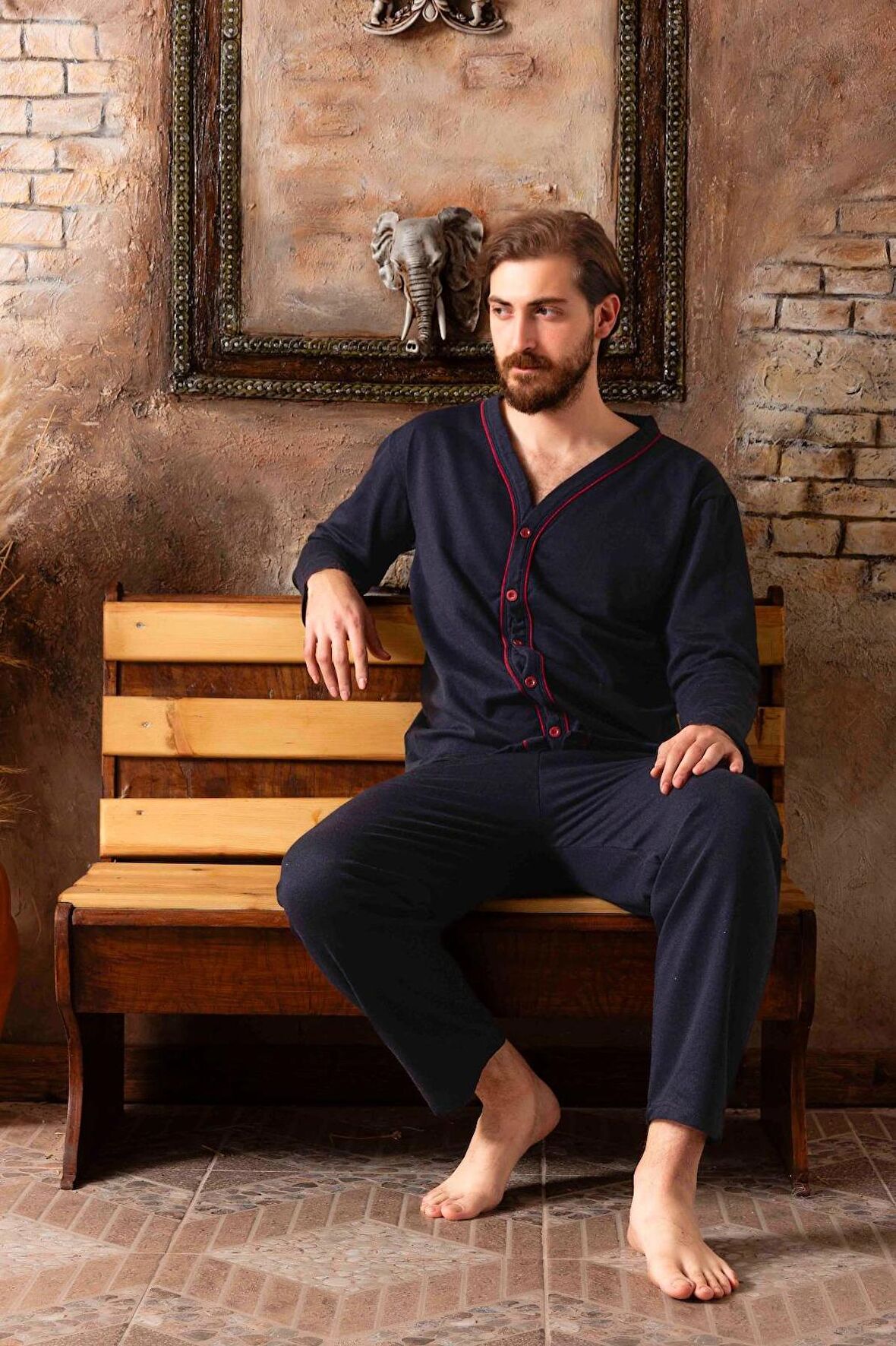 Erkek Boydan Düğmeli Yüksel Kalite Pamuk Pijama Takımı 16511