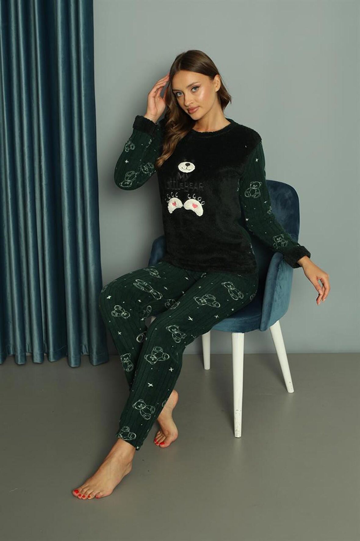 Yeni Sezon Sonbahar/Kış Kadın Welsoft Polar Yuvarlak Yaka Ayıcık Desenli Kalın Pijama Takımı 30003