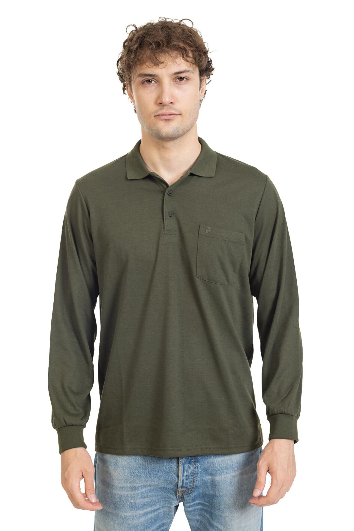 Erkek Orta Yaş ve Üzeri Polo Yaka Cepli Uzun Kollu Mevsimlik Sweatshirt 1103-Haki Yeşili