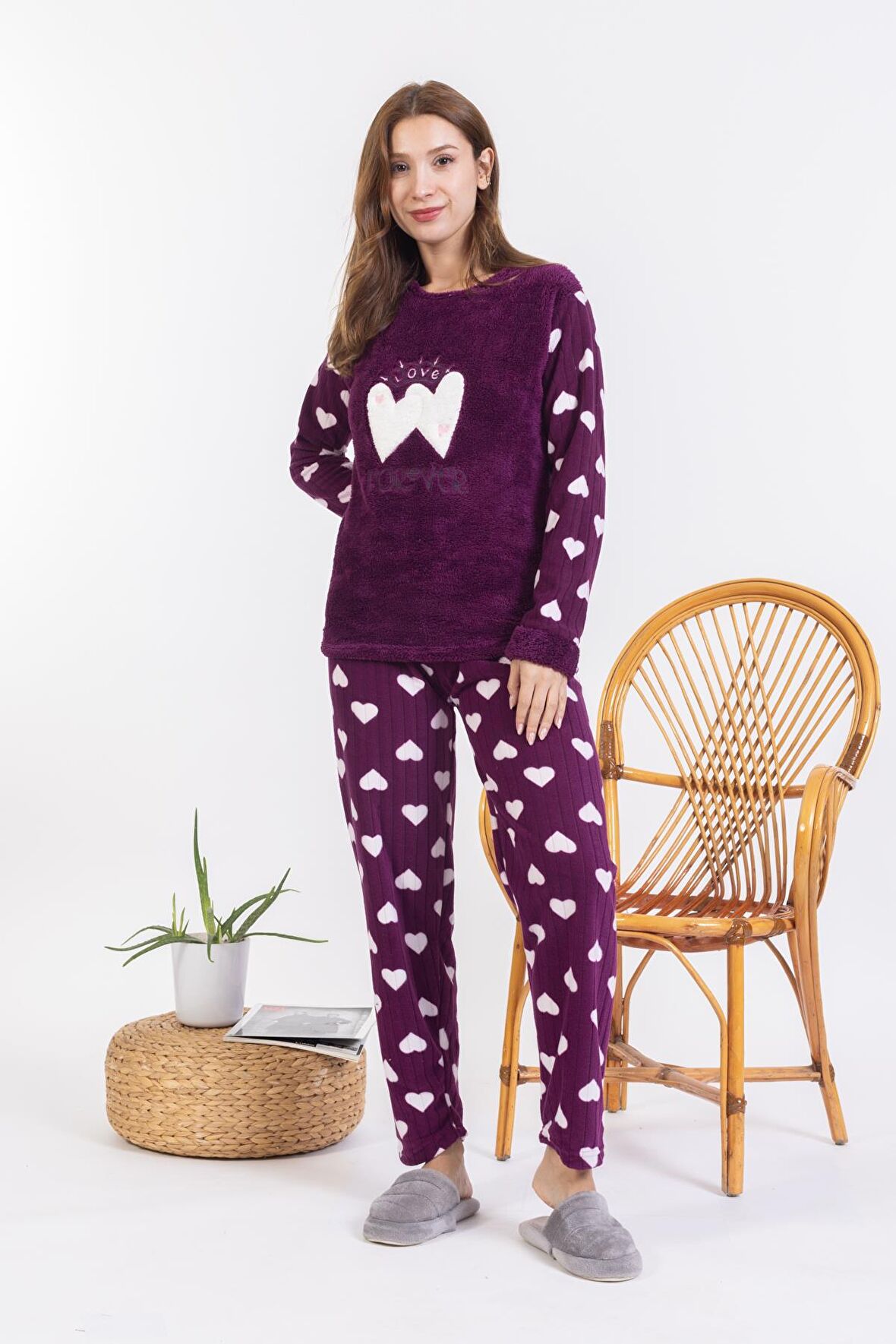 Yeni Sezon Sonbahar/Kış Kadın Welsoft Polar Yuvarlak Yaka Kalp Desenli Kalın Pijama Takımı 30008
