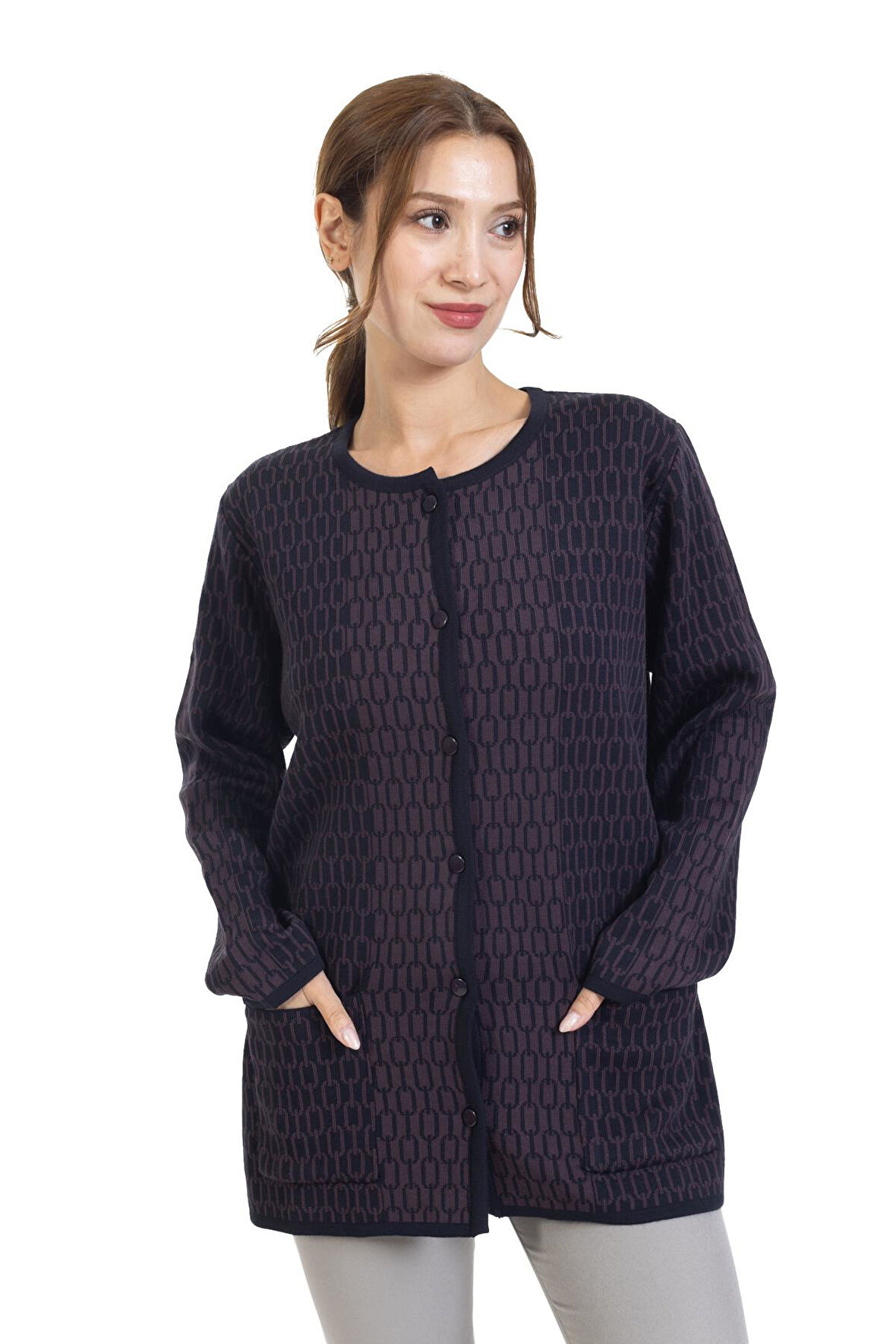 Yeni Sezon Kadın Triko Örgü Sıkı Dokuma Düğmeli Zincir Desenli Anne Kışlık Hırka 8086