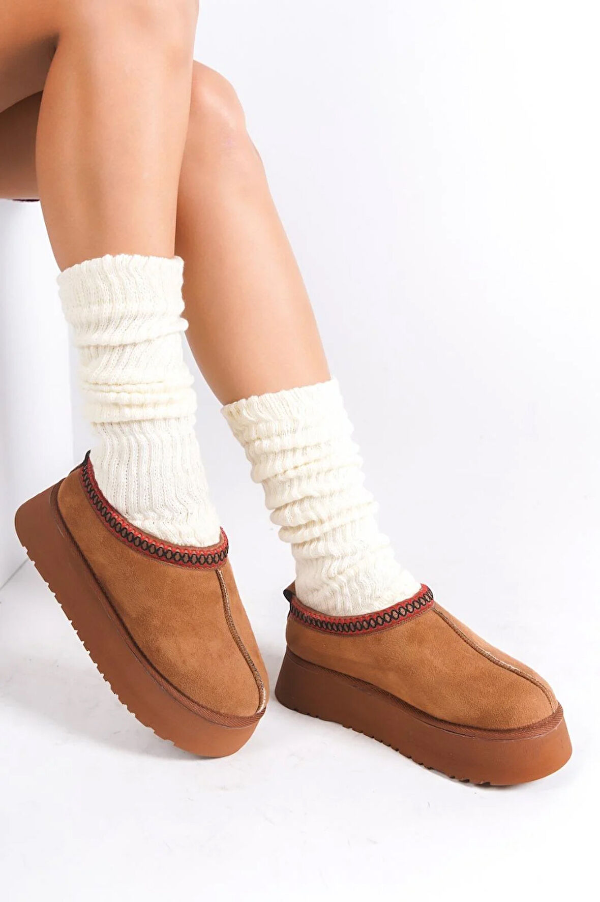 Kadın Rose İçi Tüylü Düz Taban Ayakkabı - Yarım Bot  Taba