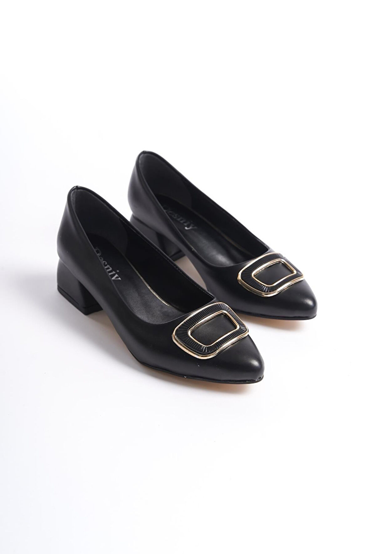 Kadın Katra Siyah deri Kare Toka Detaylı 4 Cm Kalın Topuklu Klasık Ayakkabı