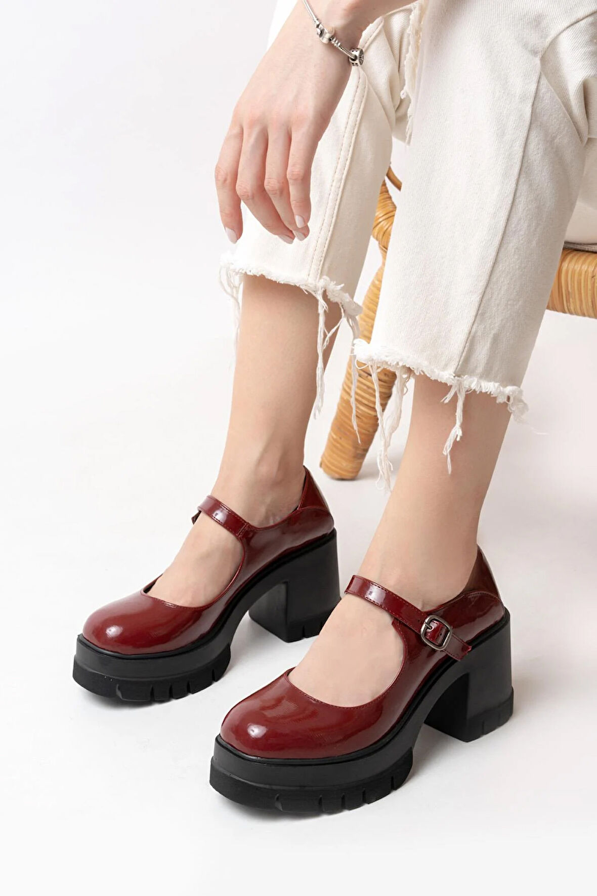 Kadın Tek Baletli Loafer Model  Topuklu Ayakkabı  Bordo Rugan