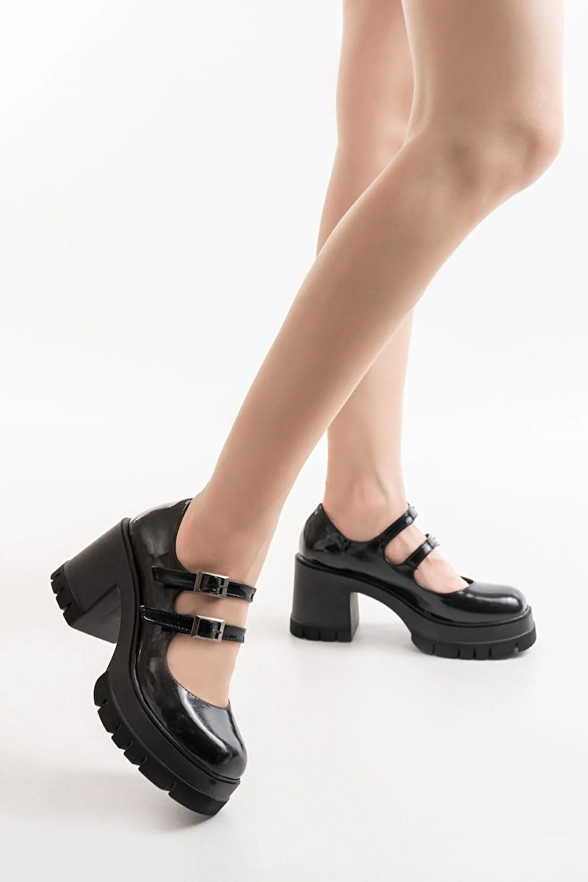 Kadın Samba İki Baletli 8 Cm Topuklu Platformlu Ayakkabı  Siyah Rugan