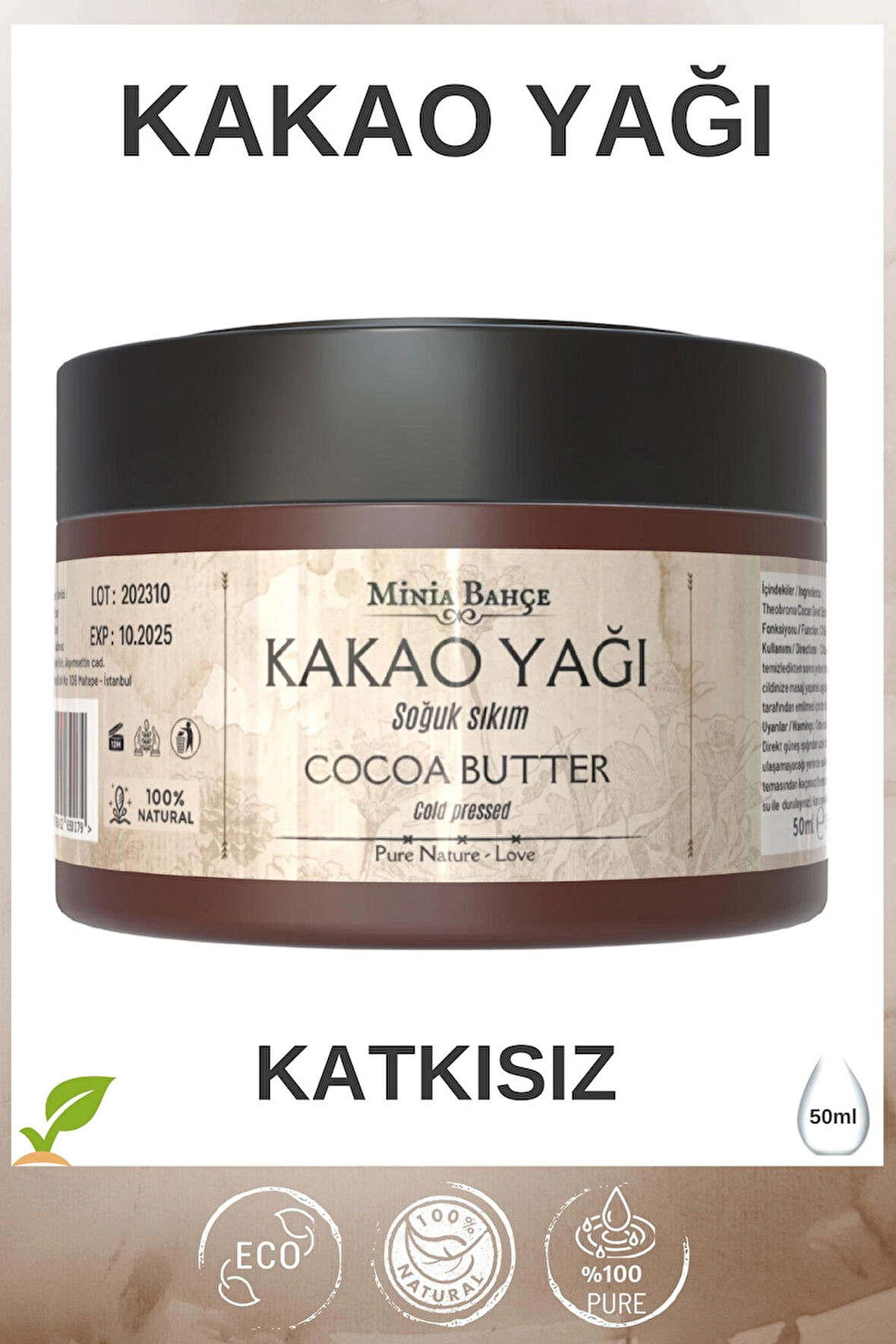 Soğuk Sıkım Kakao Yağı %100 Doğal & Saf 50 Ml