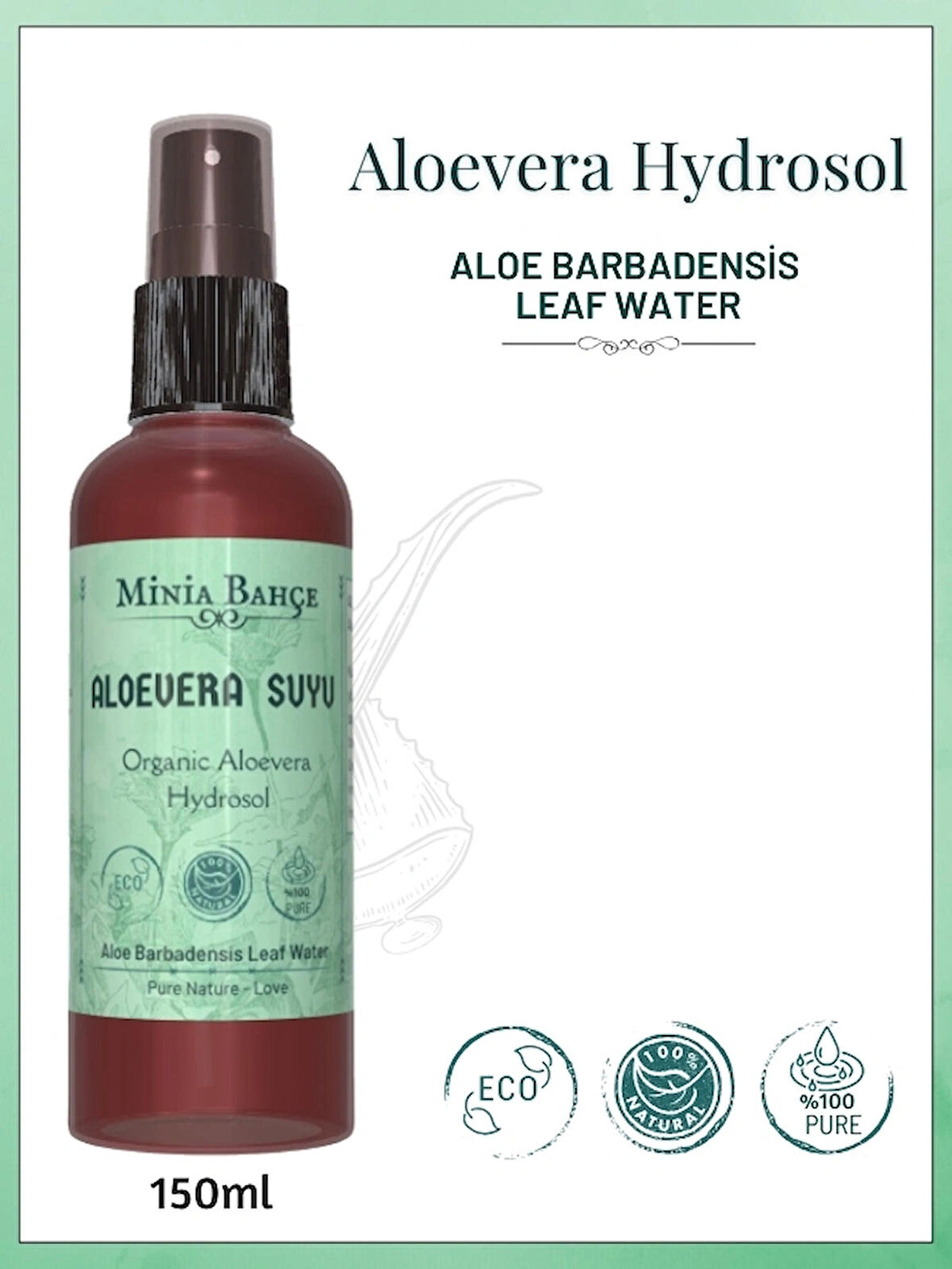 Organik Aloevera Suyu -%100 Doğal Hidrosol, 150ml