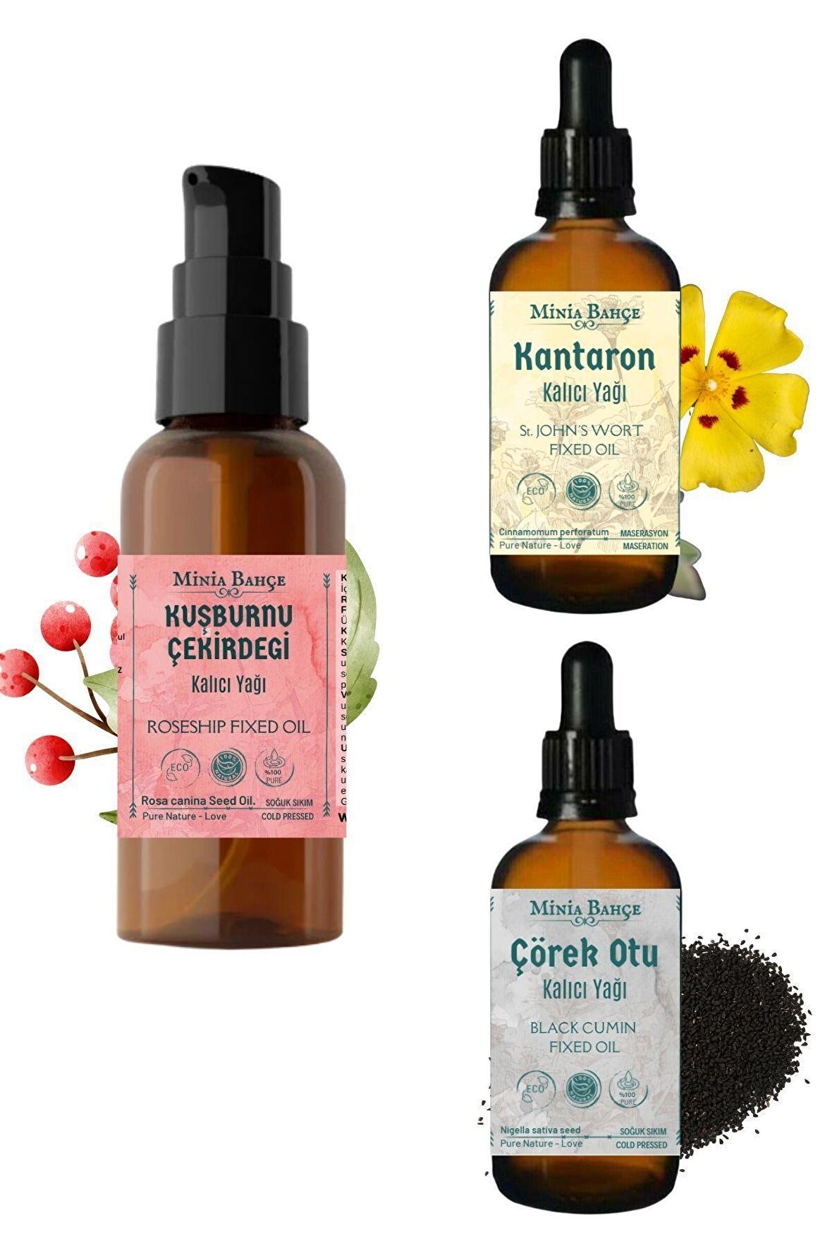 100 ml Kuşburnu Çekirdeği Yağı, Çörekotu Yağı 30ml, Kantaron Yağı 30ml