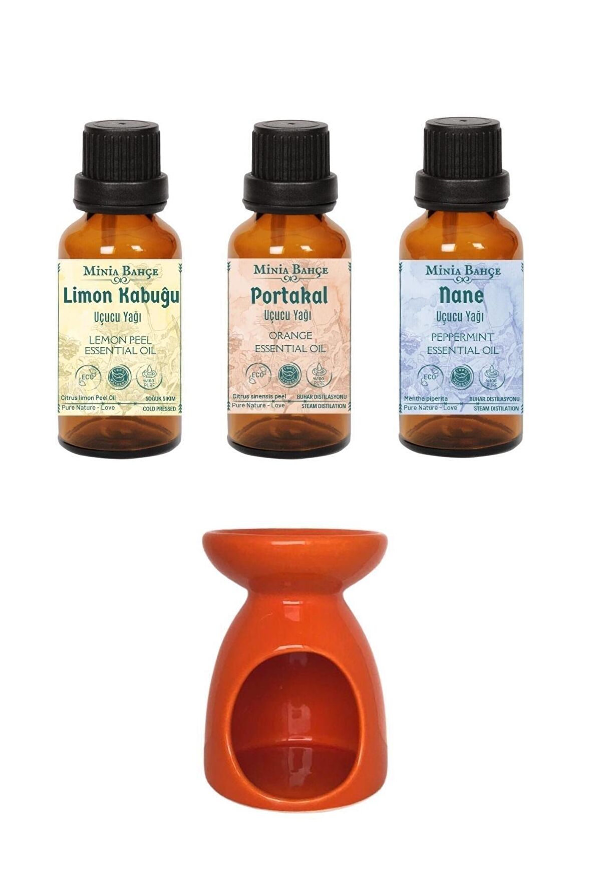 Limon Kabuğu Yağı 10ml, Portakal Yağı 10ml, Nane Yağı 10ml Ve Buhurdanlık