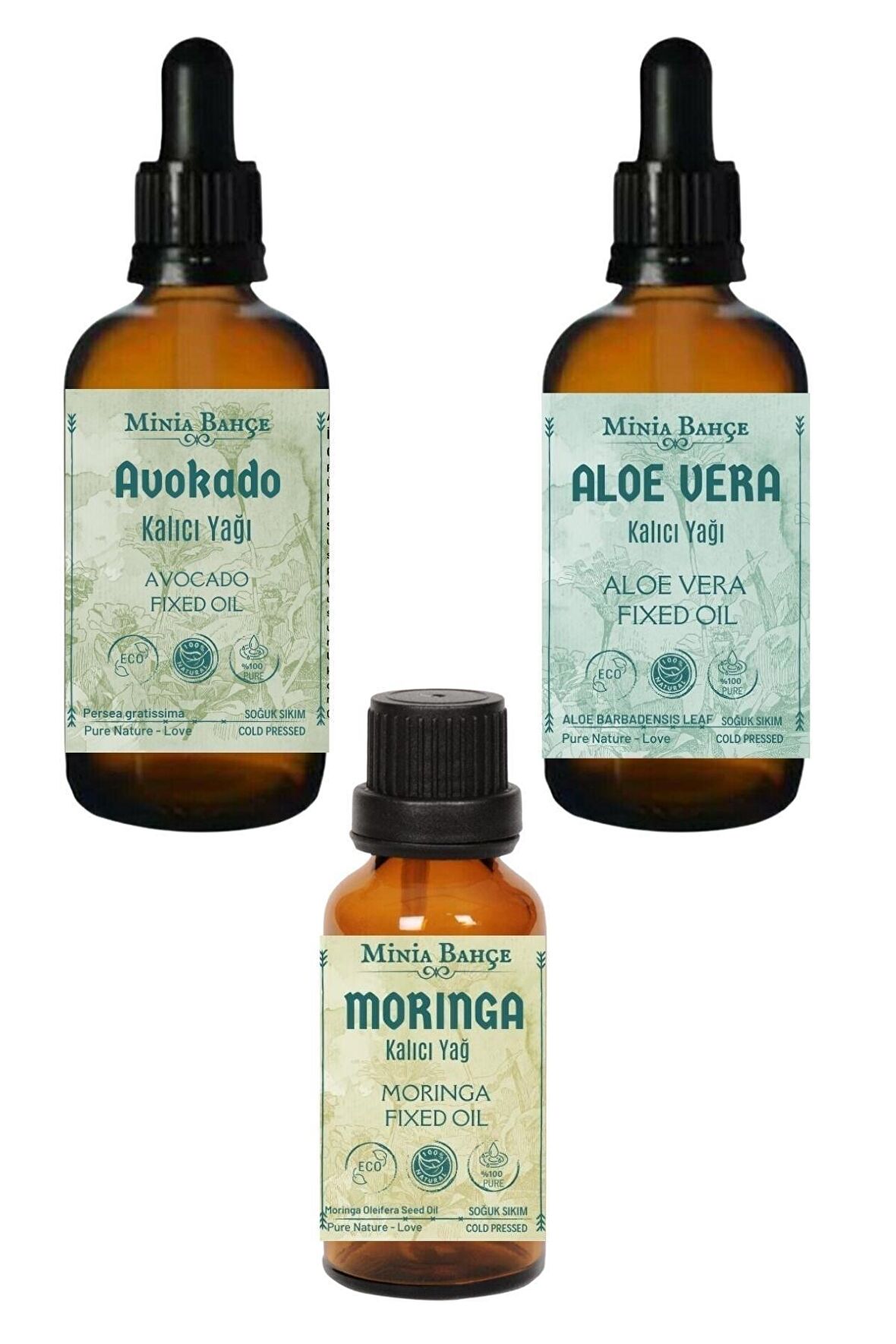 Avokado Yağı 30ml, Aloevera Yağı 30ml, Moringa Yağı 10ml, %100saf