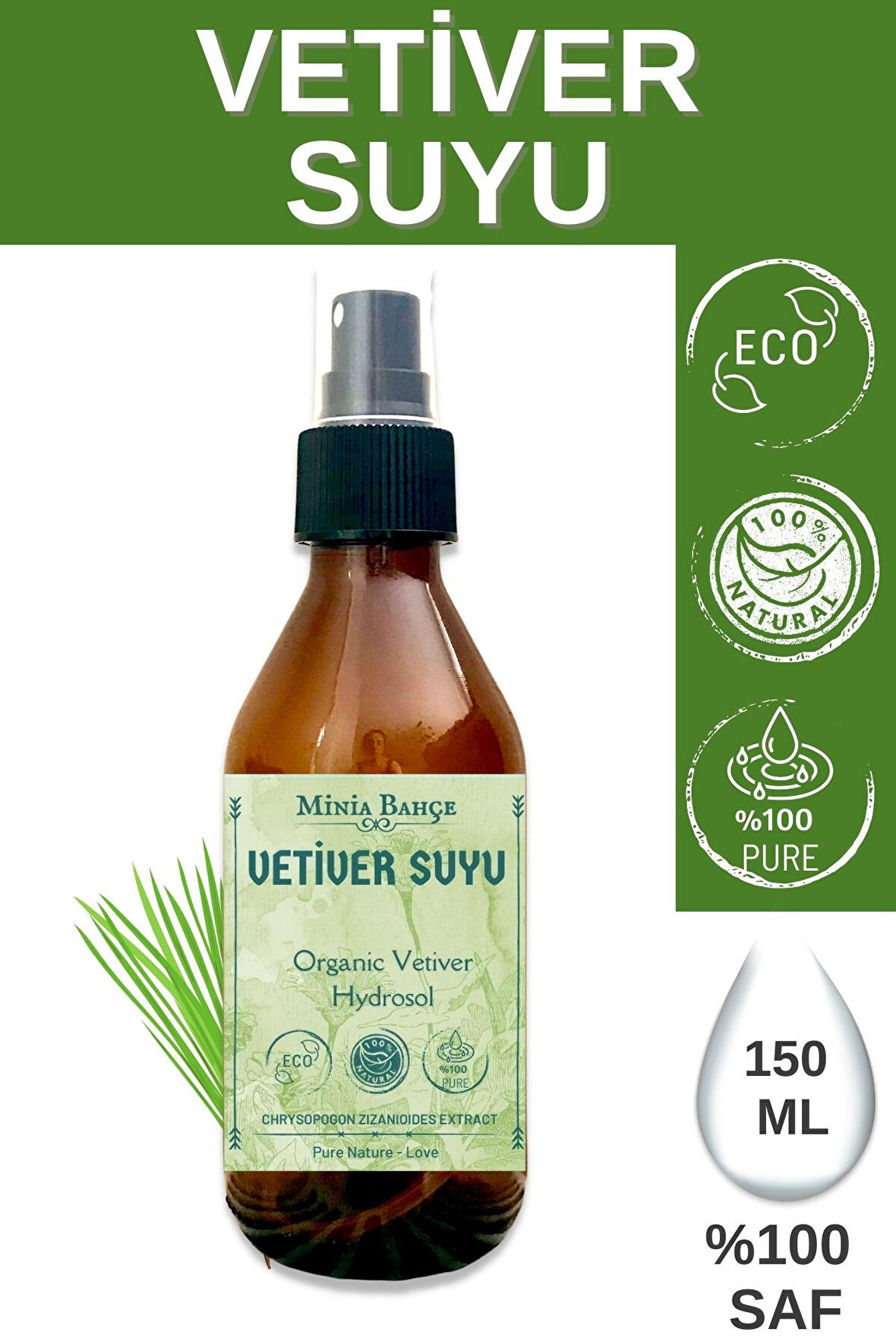 Organik Vetiver Suyu -%100 Doğal Hidrosol, 150ml