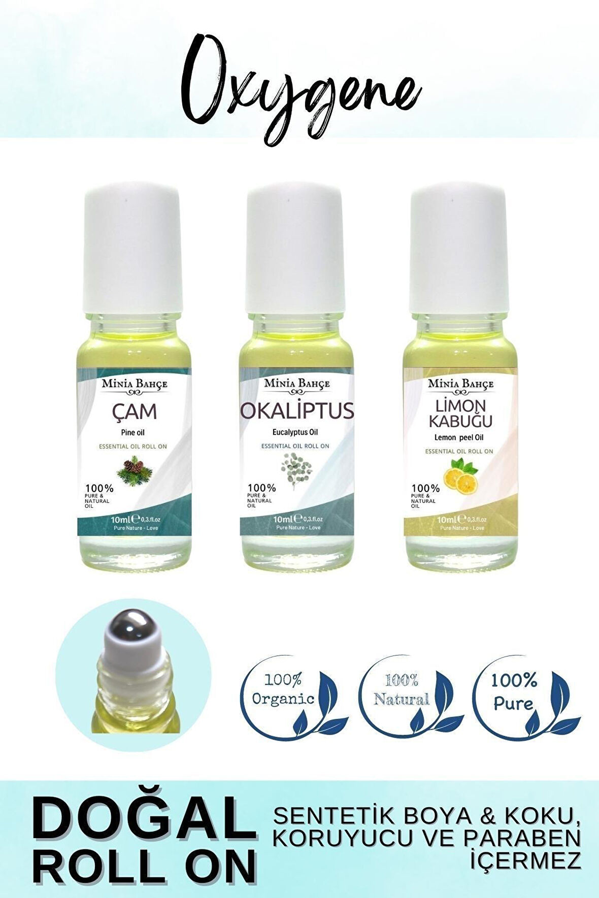 Doğal Roll on, Oksijen Seti, Çam ağacı, Okaliptus ve Lİmon Kabuğu Uçucu Yağı, 10ml x 3