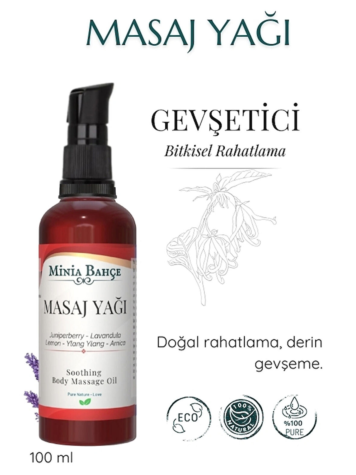 Gevşetici Masaj Yağı -Ardıç, Lavanta, Limon, YlangYlang, Arnika-%100 Saf,100ml