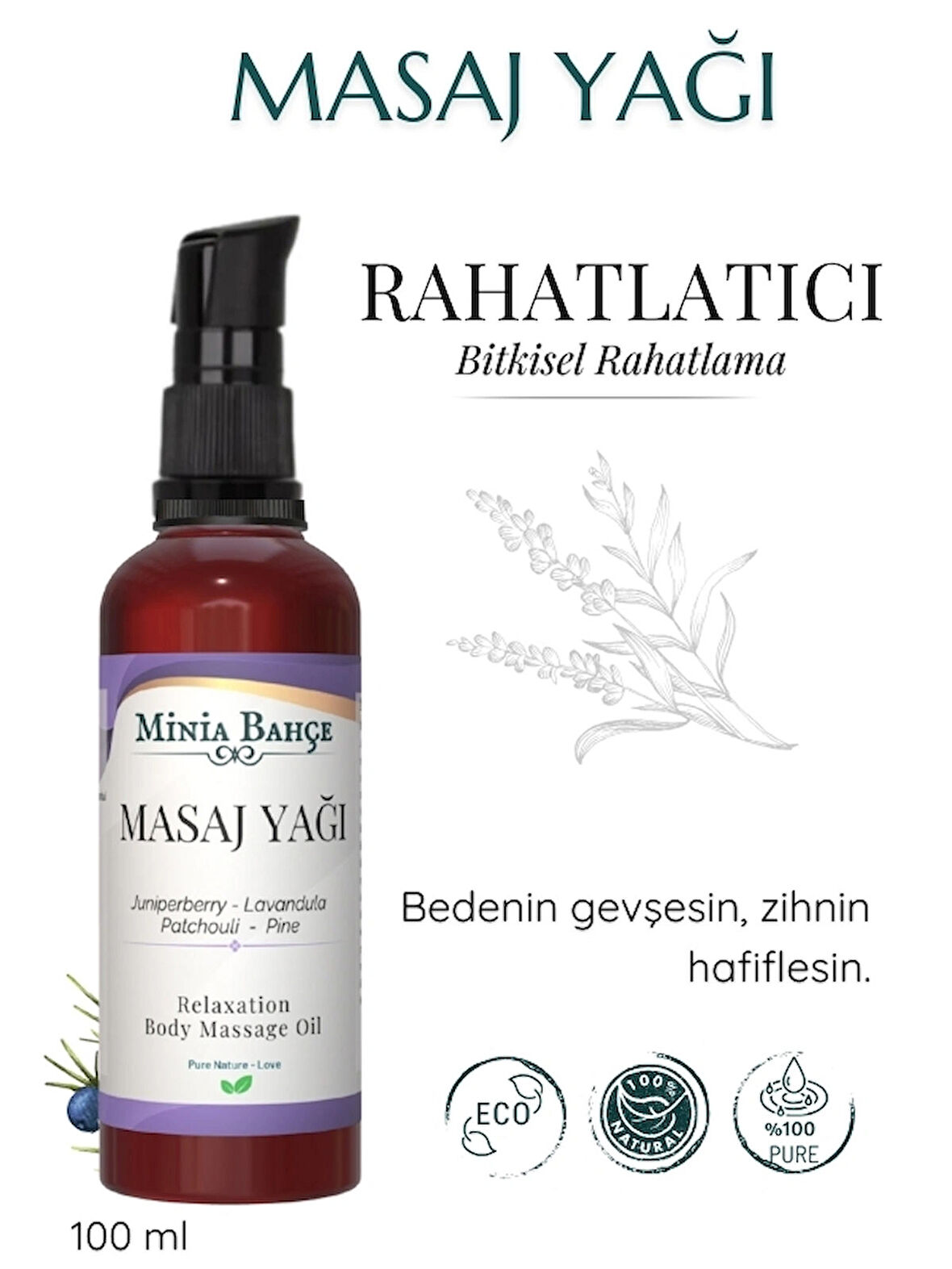 Rahatlatıcı Masaj Yağı -Ardıç, Çam, Lavanta, Paçuli-%100 Saf,100ml
