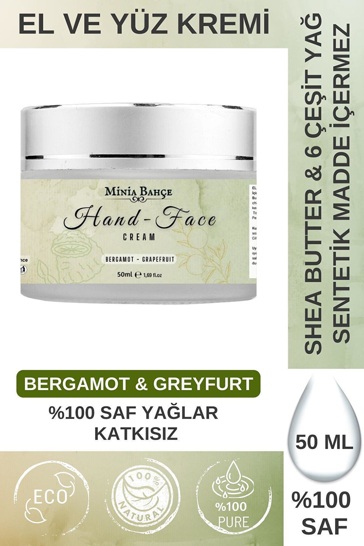 Koruyucu & Besleyici El ve Yüz Kremi, %100 Saf ve Katkısız, Greyfurt - Bergamot Yağı, 50ml