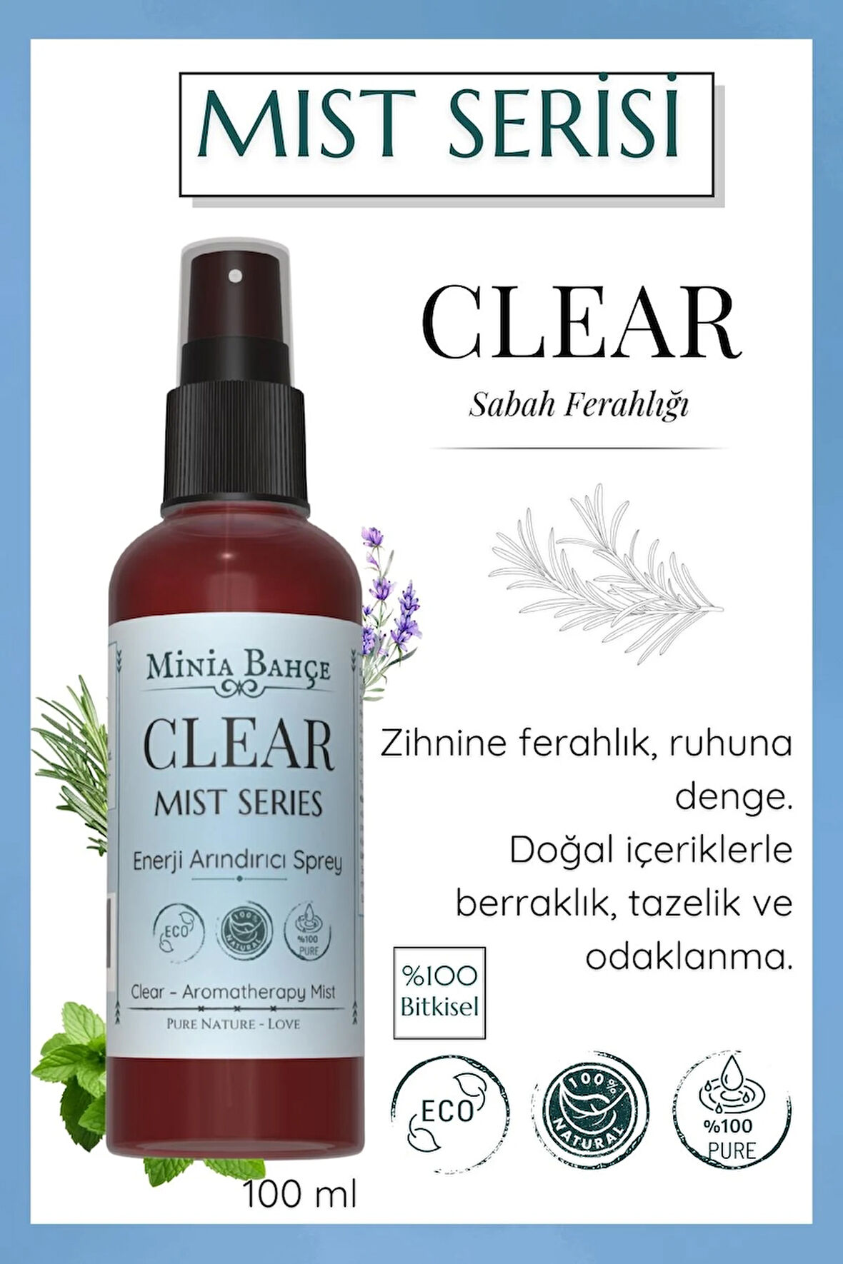CLEAR Mist – Lavanta, Paçuli ve Sedir Yağlı Arındırıcı Aromaterapi Vücut Spreyi (100 ml)