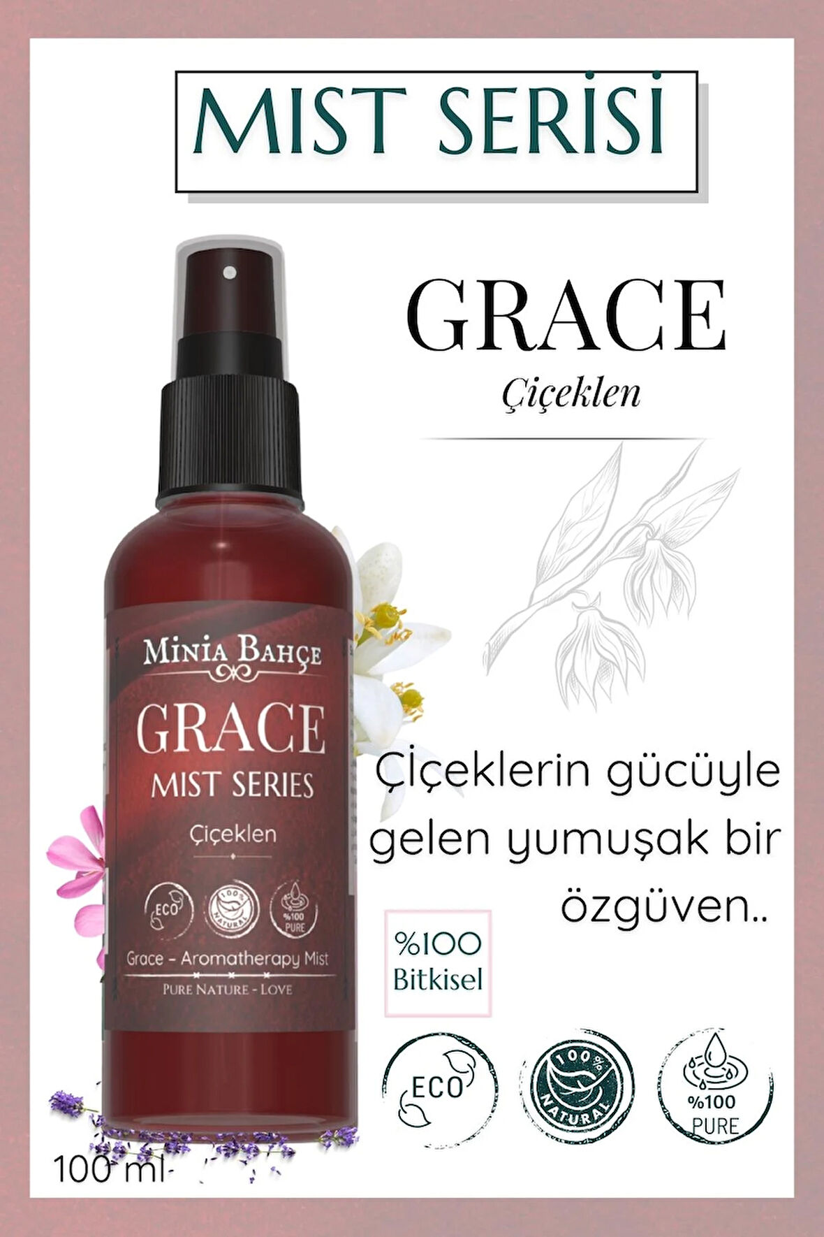 GRACE Mist – Gül Hidrosolü ve Yaseminli Kadınsı Doğal Saç & Vücut Spreyi (100 ml)