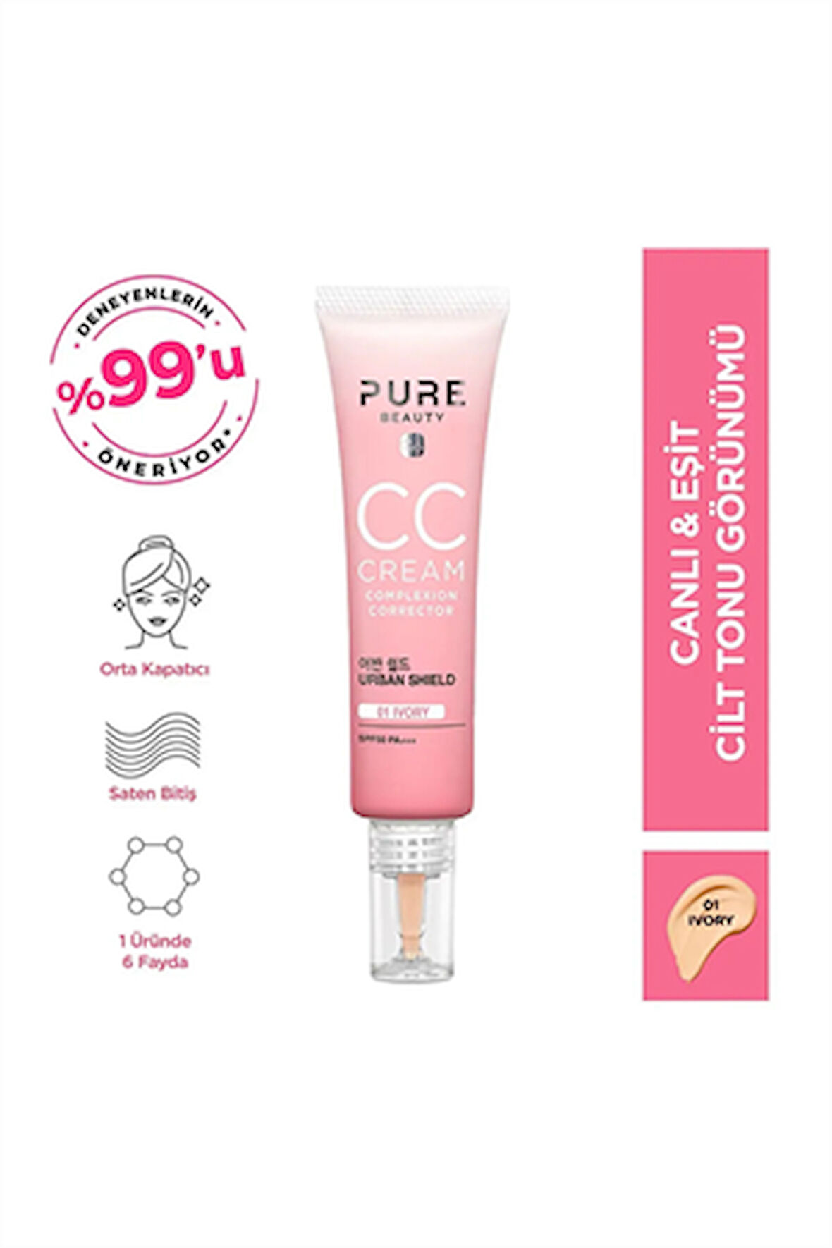 Pure Beauty Canlı ve Eşit CC Krem Spf50 Pa+++ Ivory 30 ml