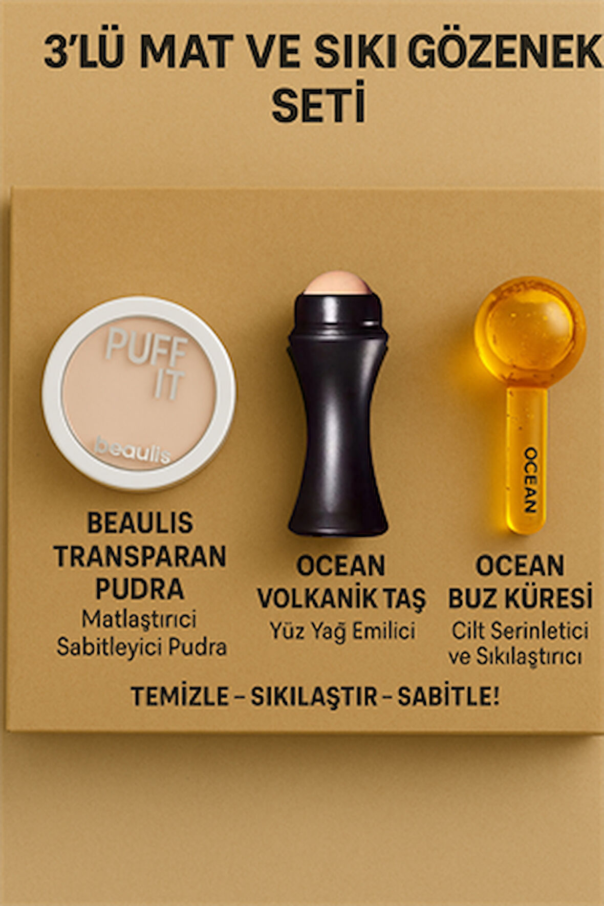 Beaulis Transparan Pudra + Ocean Volkanik Taş + Buz Küresi | 3'lü Mat ve Sıkı Gözenek Seti