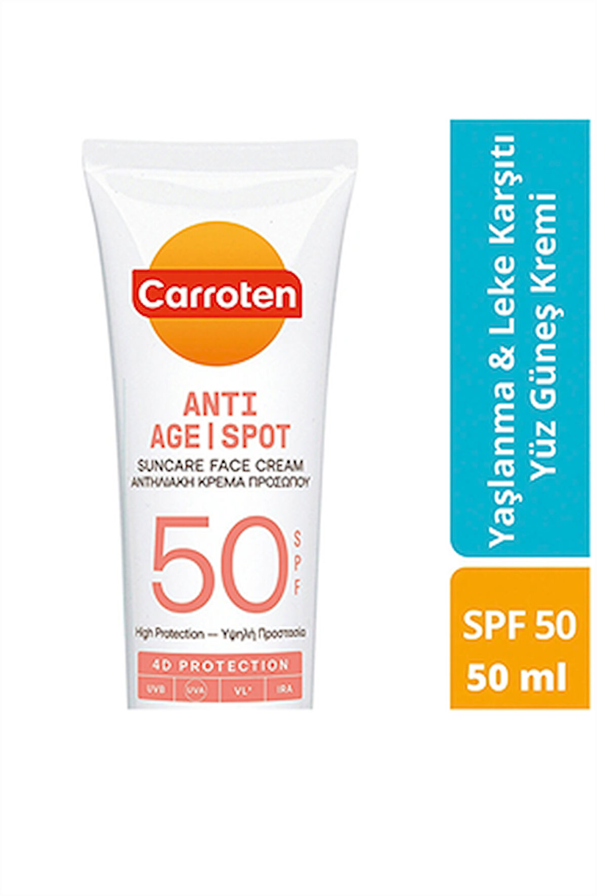 Carroten Anti-Age & Spot SPF 50 Yüz Güneş Kremi – Leke ve Yaşlanma Karşıtı Yüksek Koruma, 50 ml
