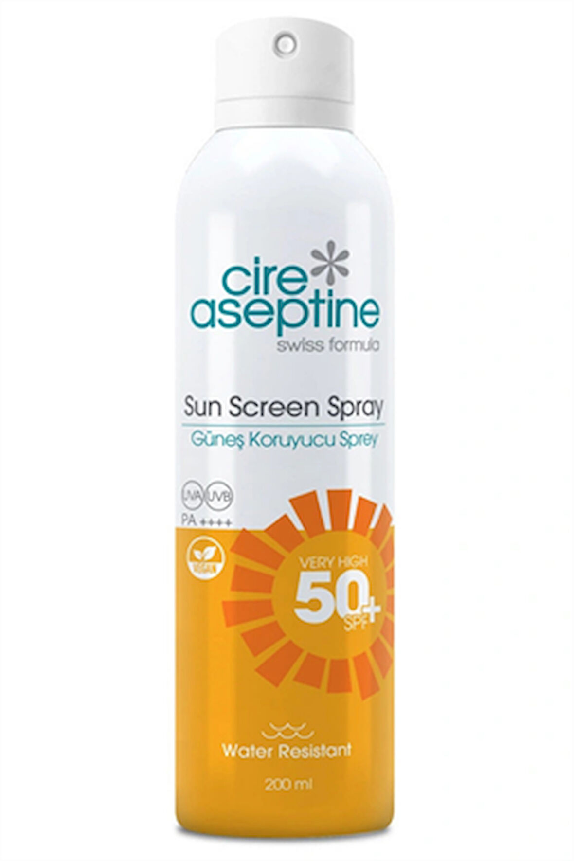 Cire Aseptine Şeffaf Güneş Koruyucu Aerosol Sprey SPF 50 – Suya Dayanıklı, Yağsız Formül, 200 ml
