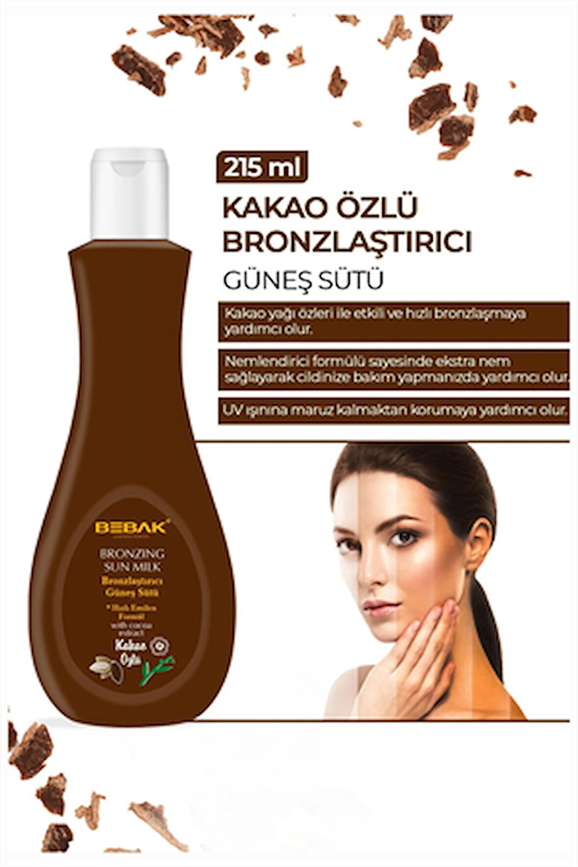 Bebak Kakao Özlü Bronzlaştırıcı Süt – Etkili ve Doğal Bronzluk Sağlayan Vücut Losyonu, 215 ml