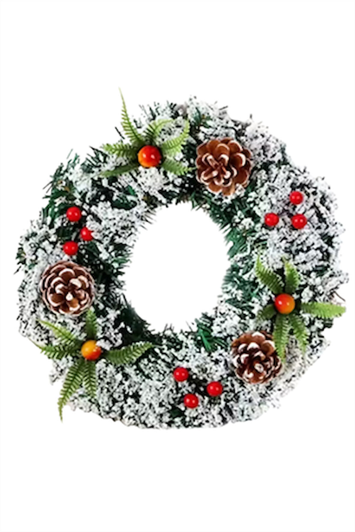 El Yapımı Noel Çelengi – Suni Kar Efekti, Çam Kozalakları ve Kırmızı Yemiş Detaylı | İç & Dış Mekan Uyumlu Şenlikli Yılbaşı Kapı ve Ev Dekoru | Elektriksiz, Plastik, Tüysüz Tasarım (1 Adet)