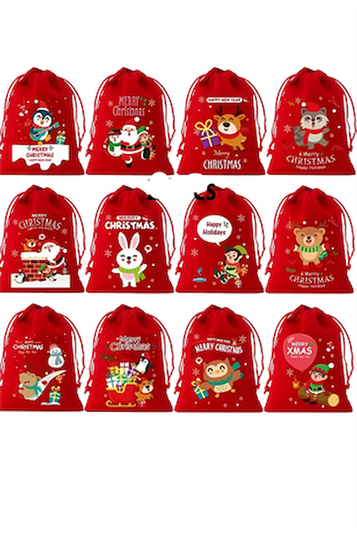 Noel Flanel Çekmeli Hediye Torbası – Küçük Flanel Poşet | Şapkalı Geyik, Penguen, Baykuş, Santa Claus ve Kaykaylı Kar Araba Desenli | Rastgele Model (1 Adet)