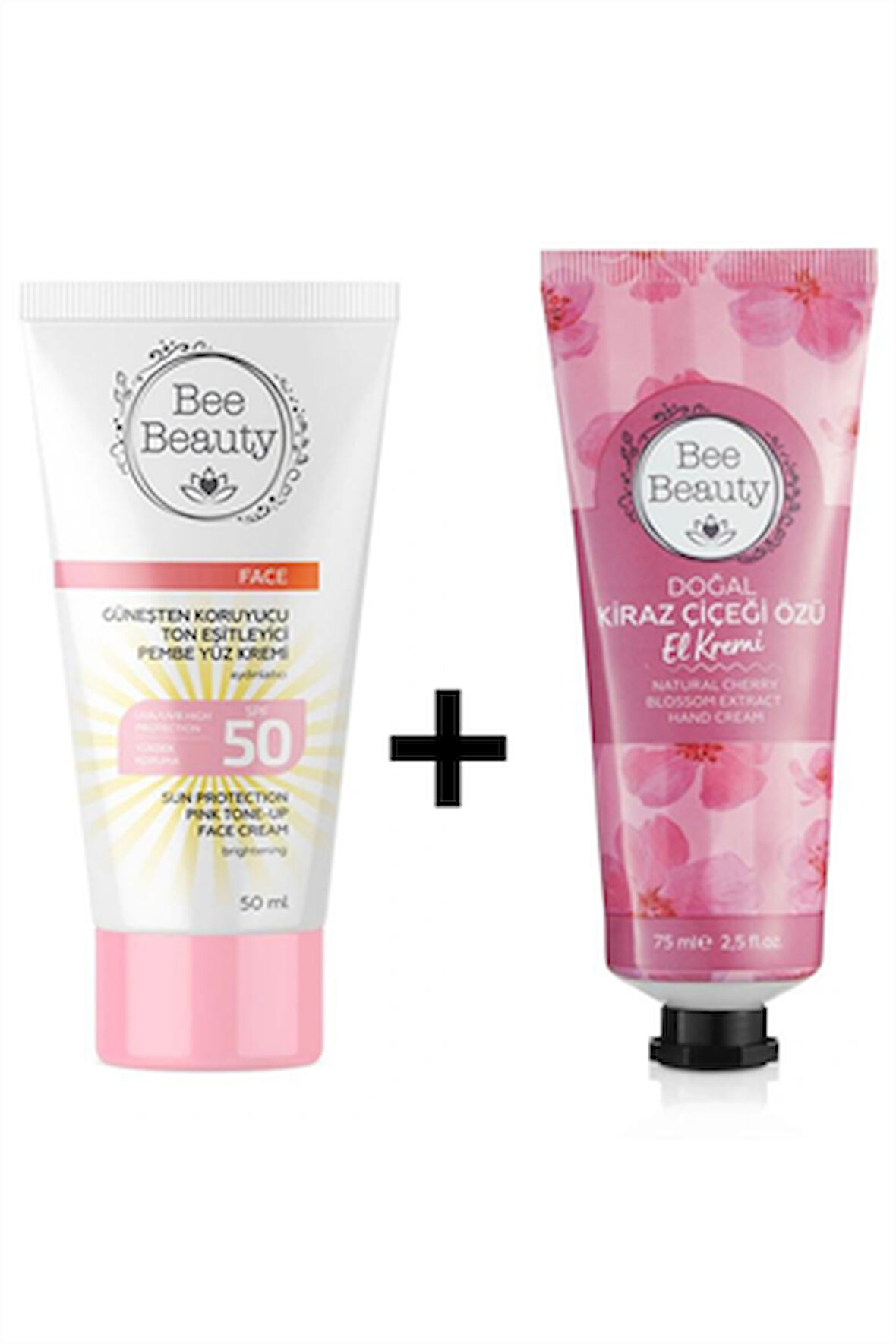 Bee Beauty Güneşten Koruyucu ve Ton Eşitleyici Pembe Yüz Kremi 50SPF 50 ml Doğal Kiraz Çiçeği Özü El Kremi 75 ml