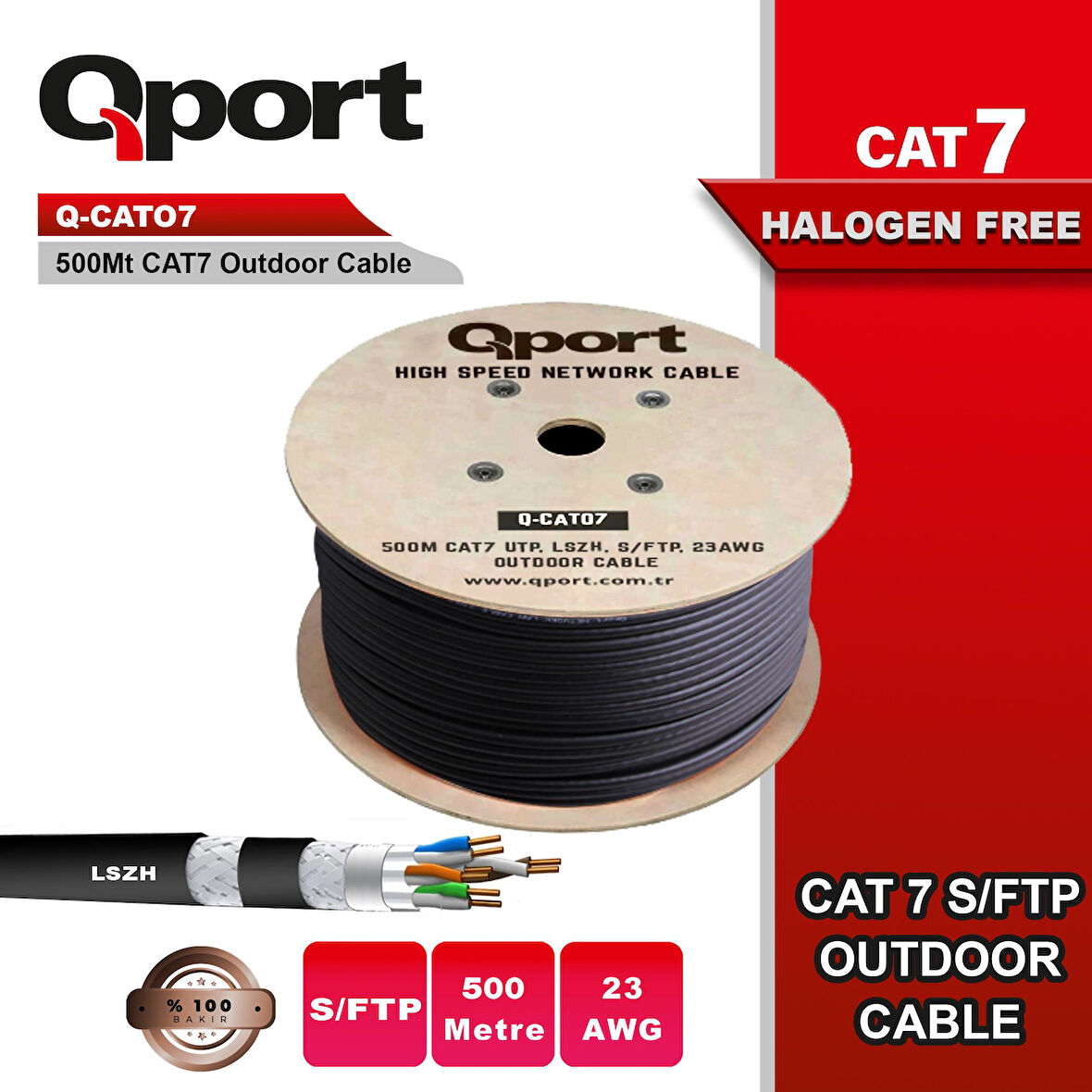 QPORT Q-CATO7 500M CAT7 LSOH S/FTP FULL BAKIR 23AWG SİYAH HALOGEN FREE KABLO