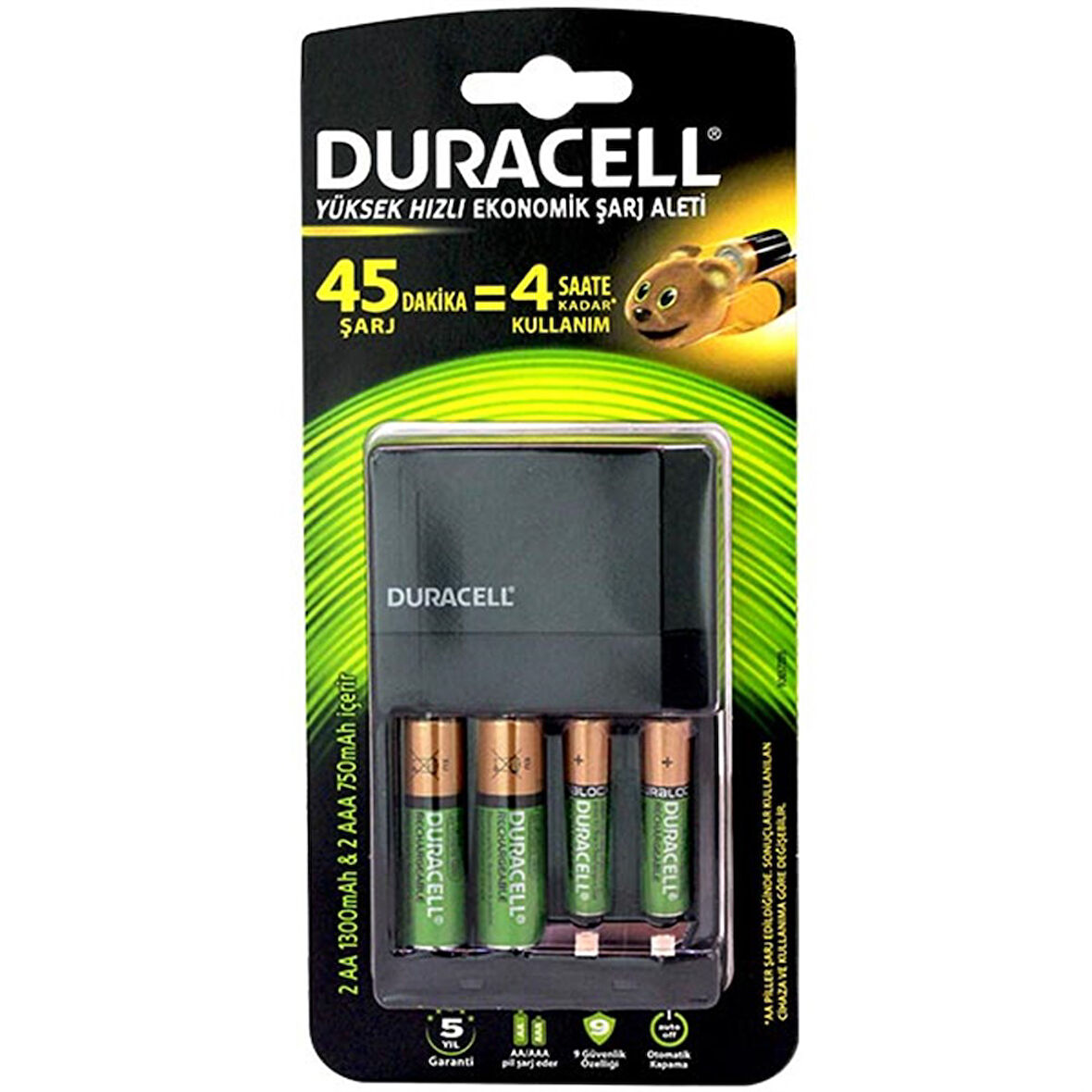 DURACELL CEF-14 HIZLI PİL ŞARJ CİHAZI (PİLLİ)(AA- AAA)(2 ADET X750 MA AAA + 2 ADET X1300 MA AA PİL)