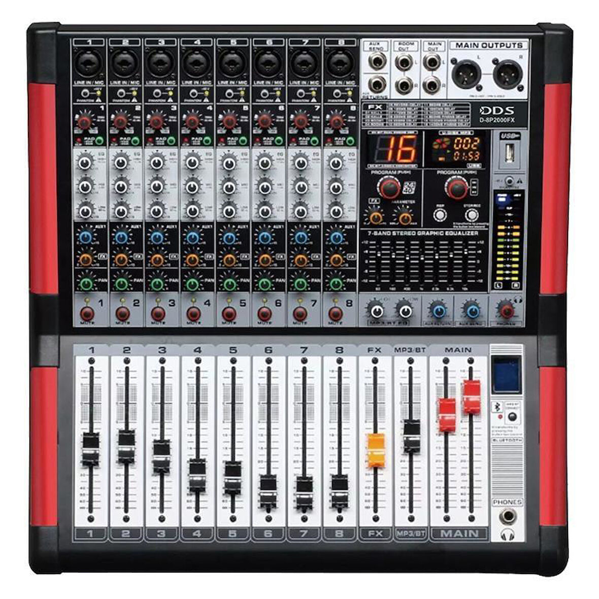 DDS D-8P2000 FX USB-SD-Bluetooth Destekli 2x1000 Watt 8 Kanal Power Mixer