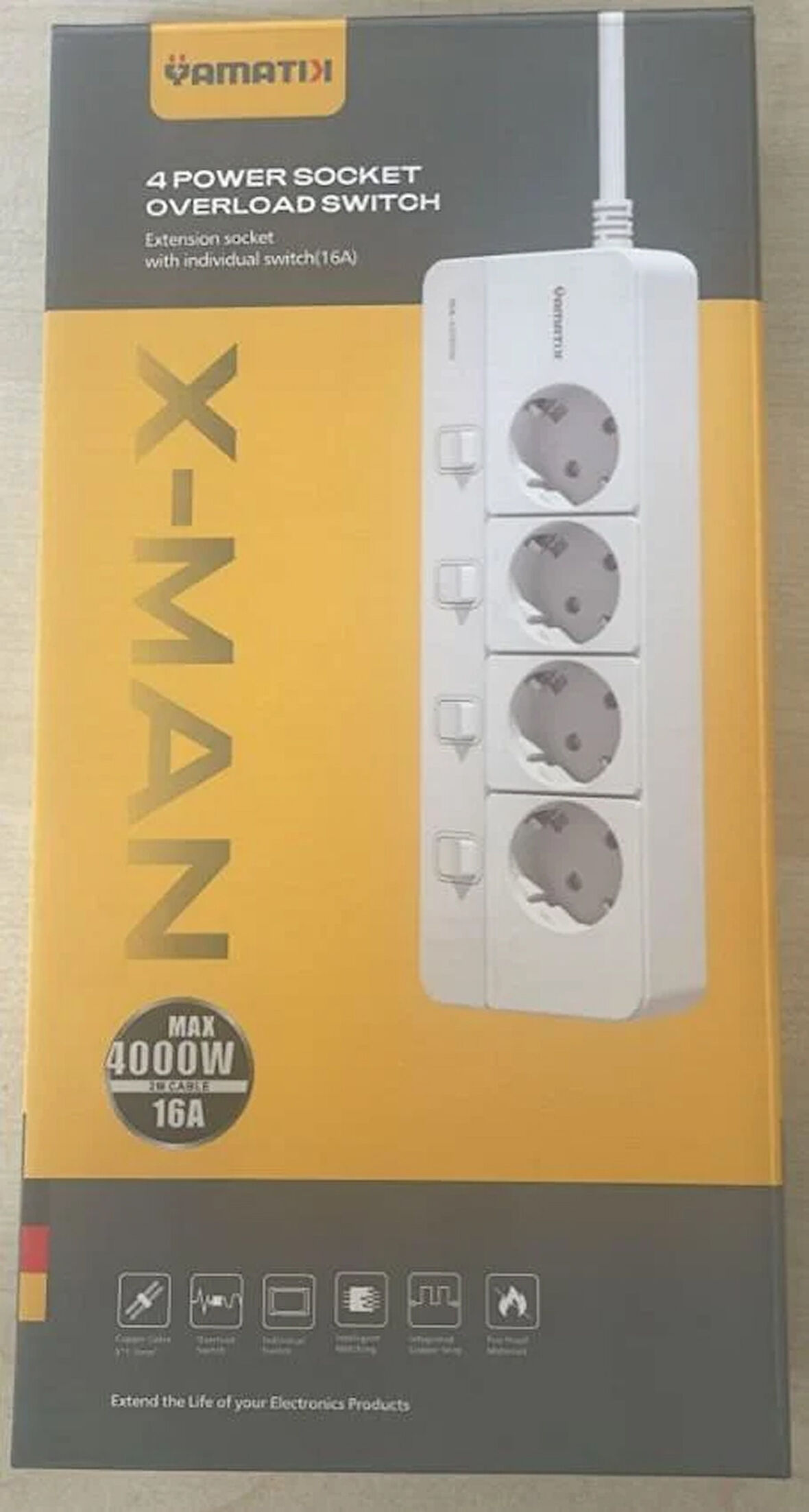 Yamatik X-MAN-104 A-CLASS 4'lü Ayrı Anahtarlı 2 Metre Akım Korumalı Grup Priz 1400 Joule