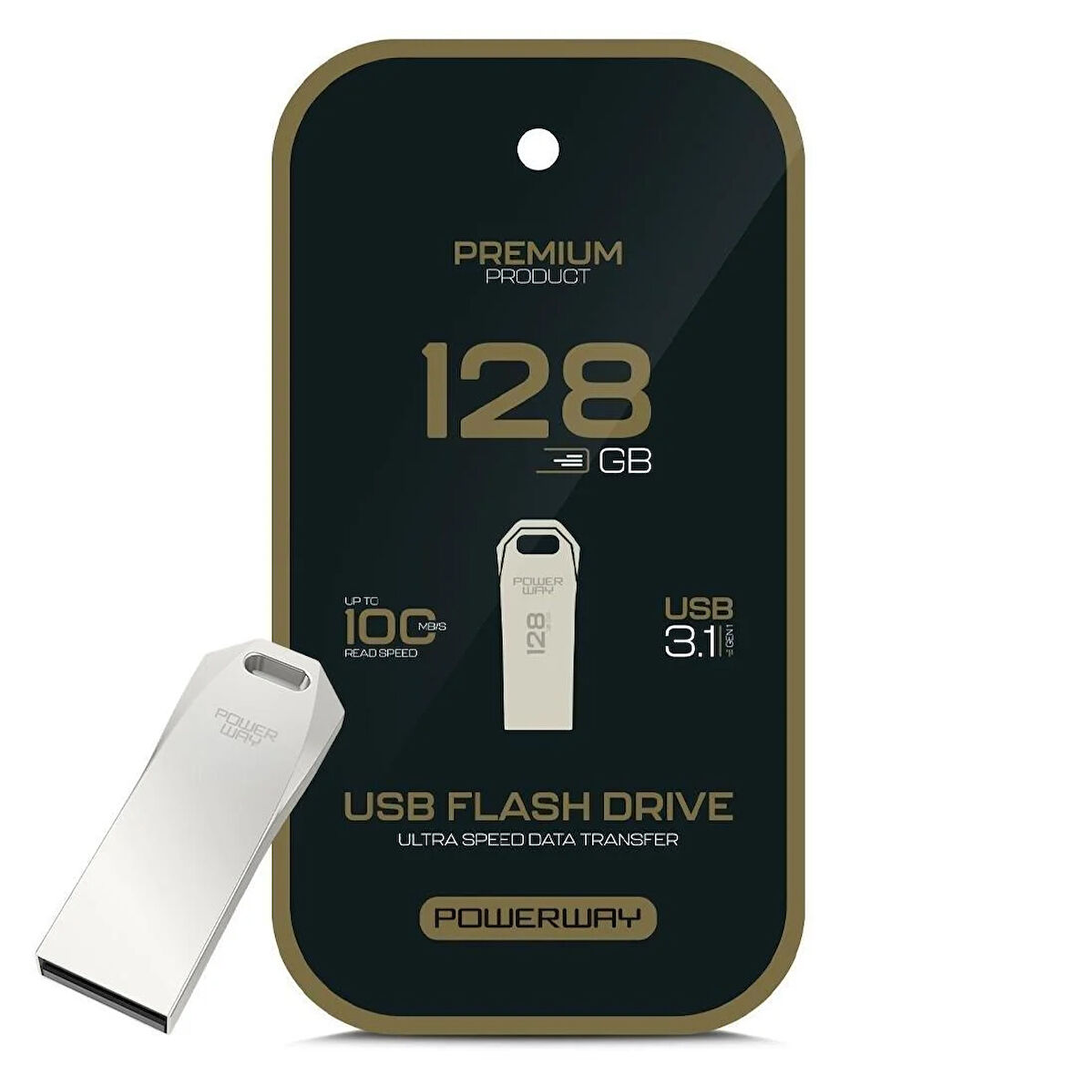 Powerway Premium 128 GB 100MB/S Ultra Hızlı USB 3.1 Metal Silver Flash Bellek