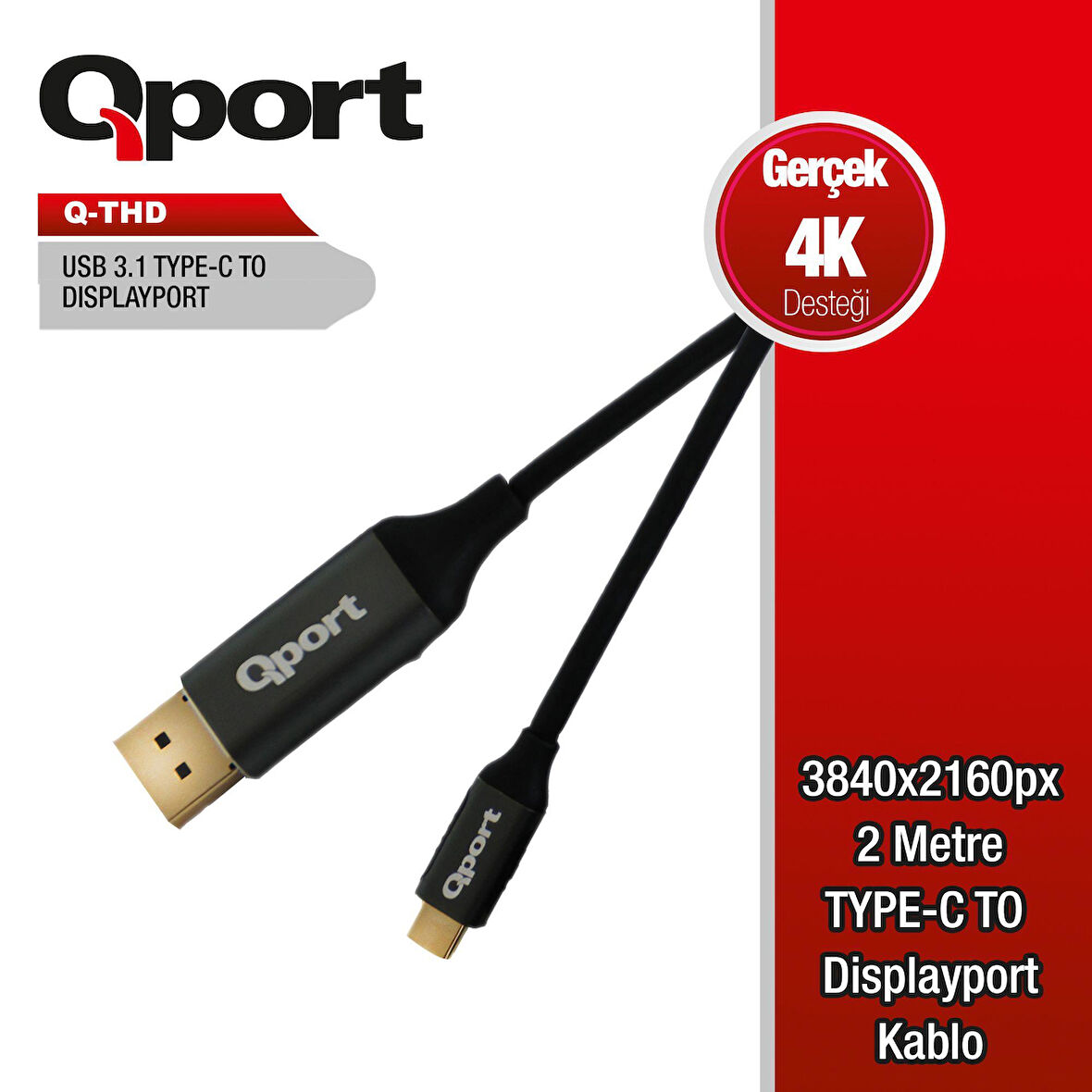 Qport Q-THD 2m Tip-C =DP 4K,60Hz çevirici kablo