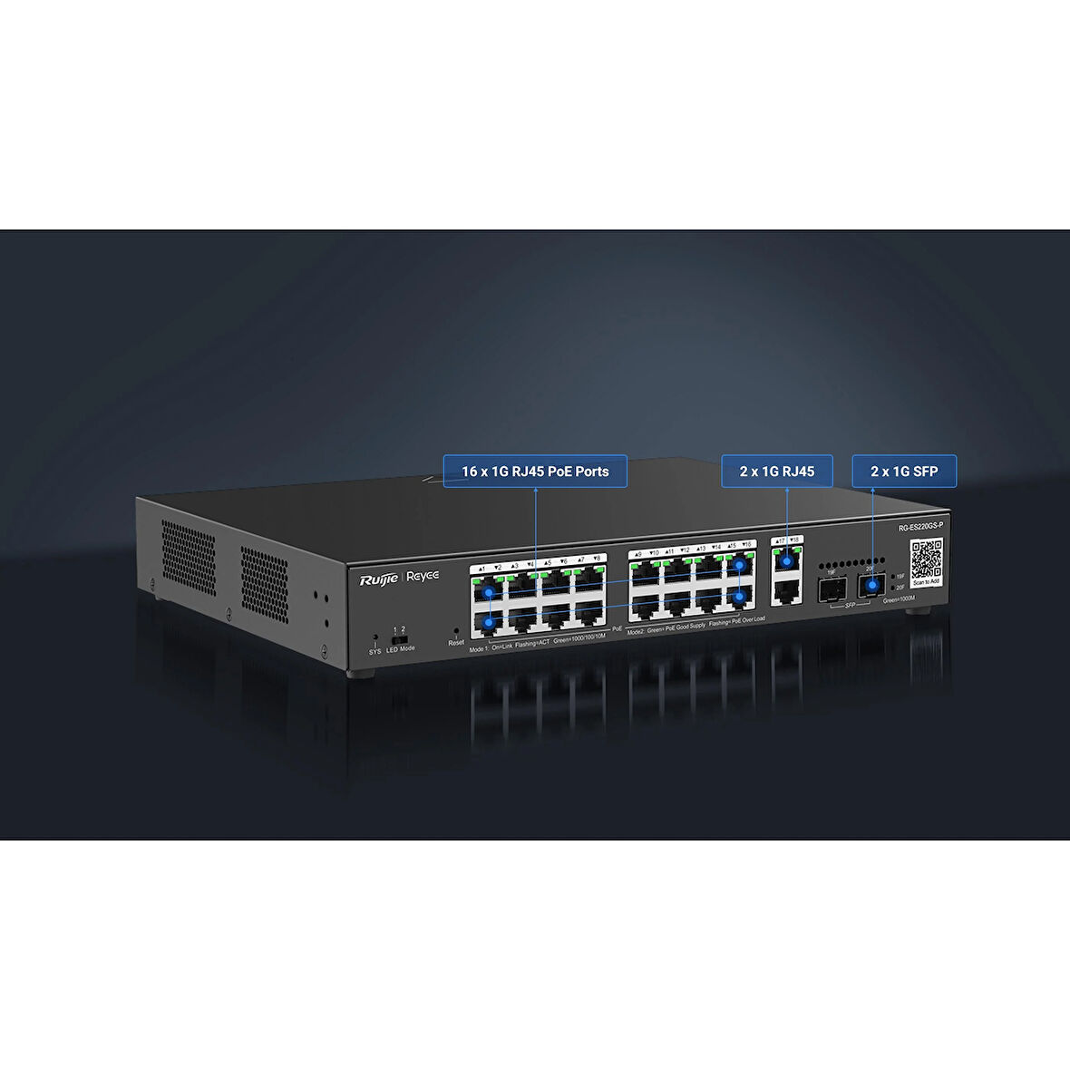 RUIJIE REYEE RG-ES220GS-P 16 PORT 10/100/1000 16 PORT POE 2 PORT UPLINK  2 SFP 250W CLOUD YÖNETİLEBİLİR RACK MOUNT SWITC