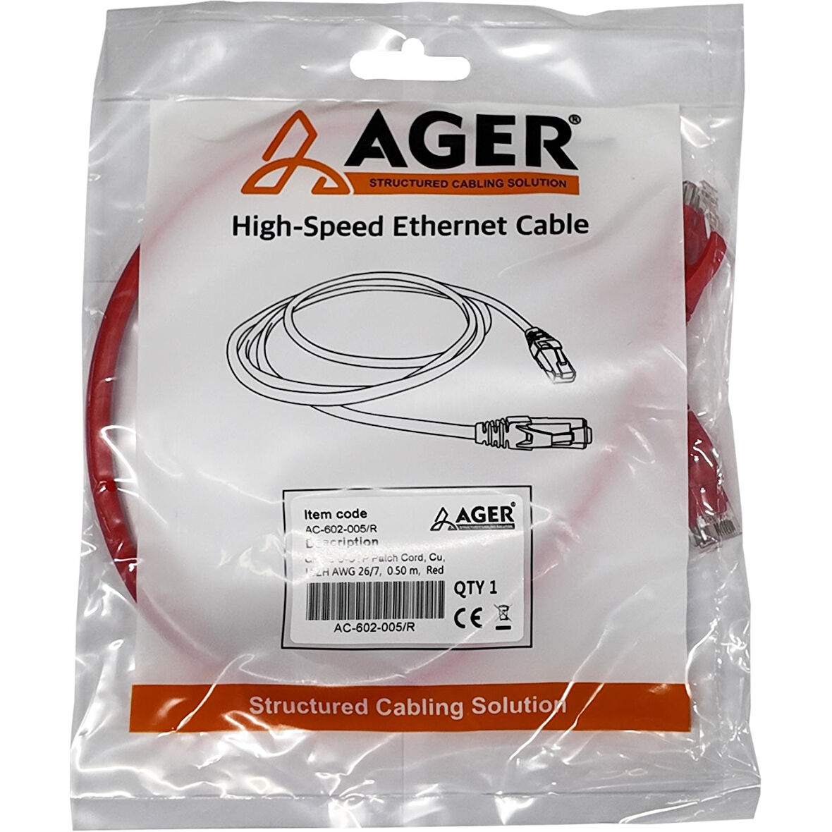 AGER AC-602-005 50CM UTP CAT6 PATCH KABLO KIRMIZI Cu, LSZH AWG 26/7