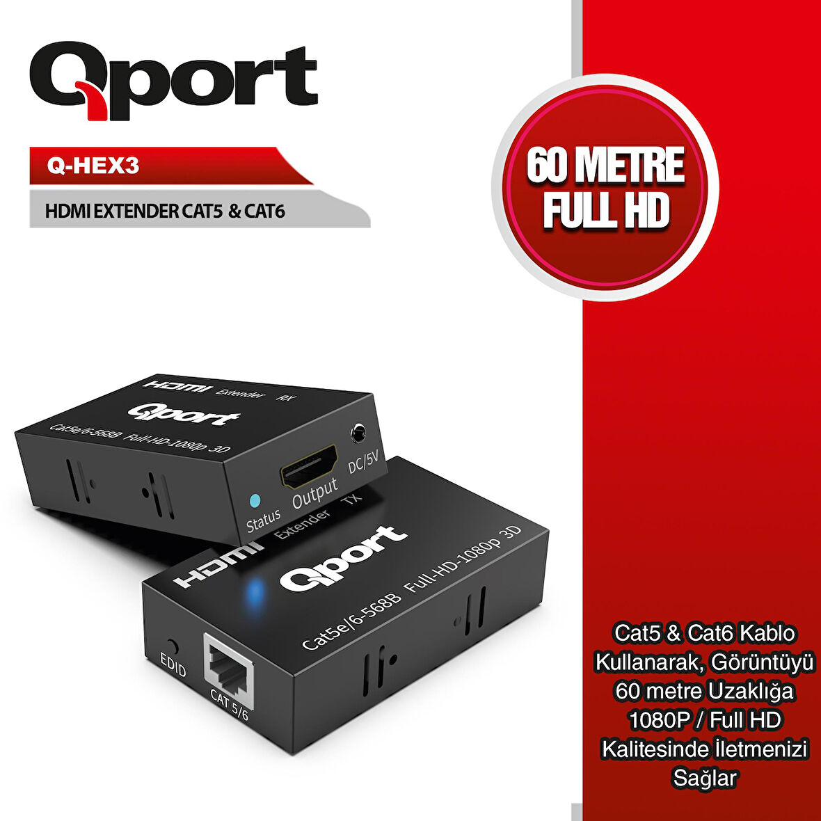 QPORT Q-HEX3 CAT6 60MT (2Lİ) HDMI EXTENDER