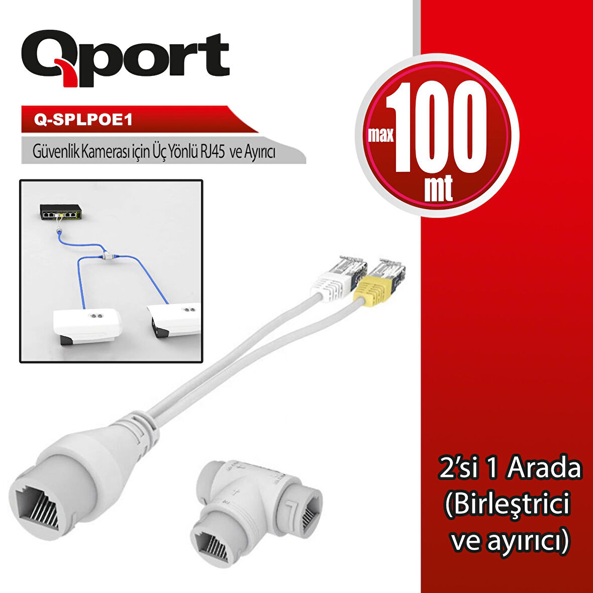 QPORT Q-SPLPOE1 2IN1 AG KONNEKTORU + 3 YOLLU POE SPLITTER