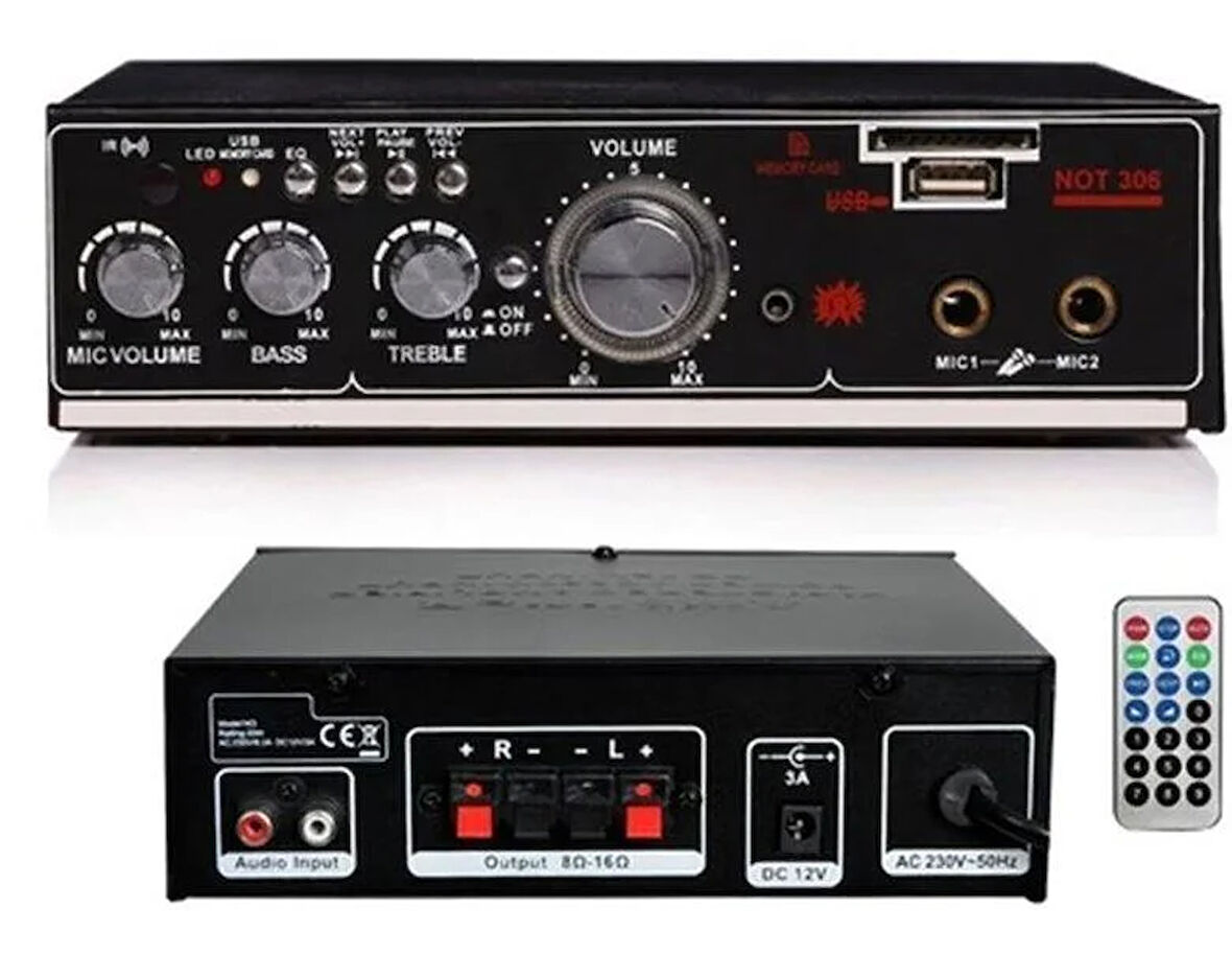Notel Not-306 2X20W 4-8 Ohm Usb/Sd Girişli Bluetoothlu 2 Mikrofon Girişli Trafosuz Stereo Mini Anfi