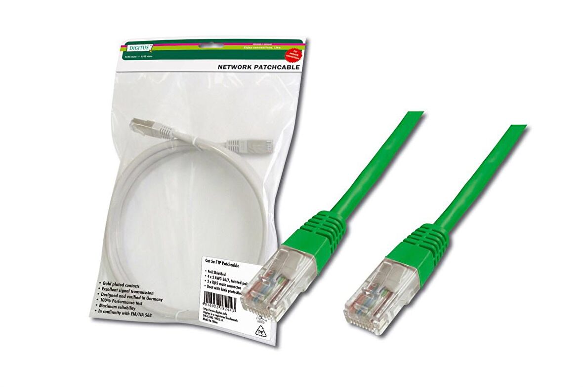 Digitus Patch Kablo, UTP, CAT. 5E, 0.5 metre, AWG 26/7, Yeşil Renk, 3P sertifikalı 
