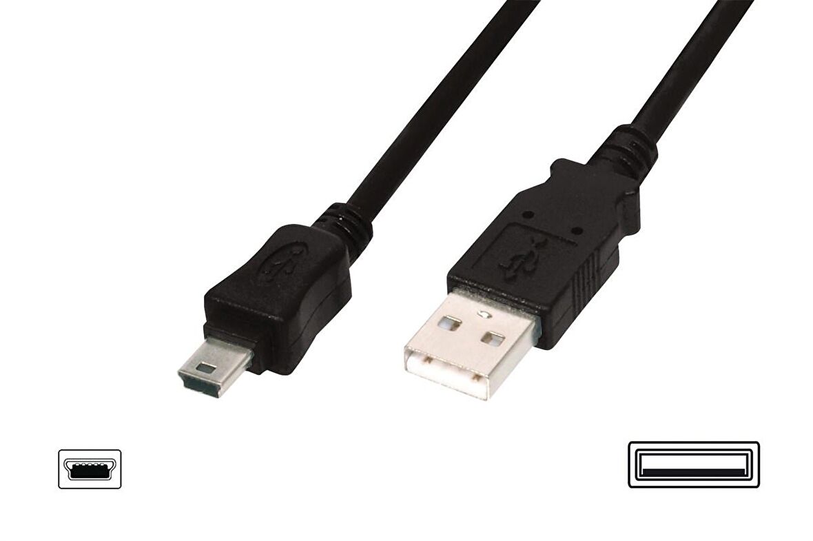 USB 2.0 Bağlantı Kablosu, USB A Erkek - USB mini B (5 pin) Erkek, 3 metre, AWG 28, USB 2.0 uyumlu, UL, siyah renk 