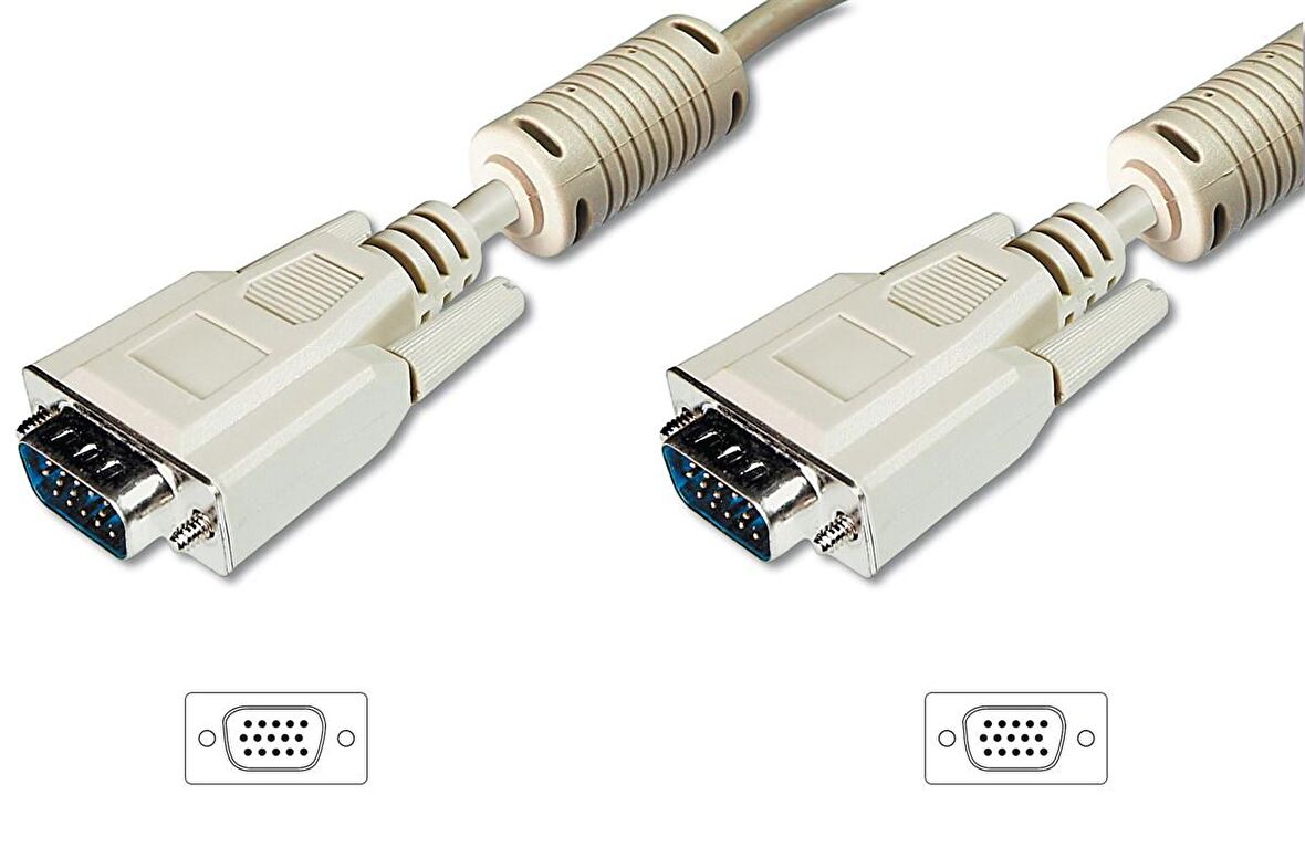 VGA Monitör Kablosu, DSUB 15 erkek  DSUB 15 erkek, 3 metre, CU, 3Coax/7C, AWG28, 2x ferrite filtreli, UL, bej renk