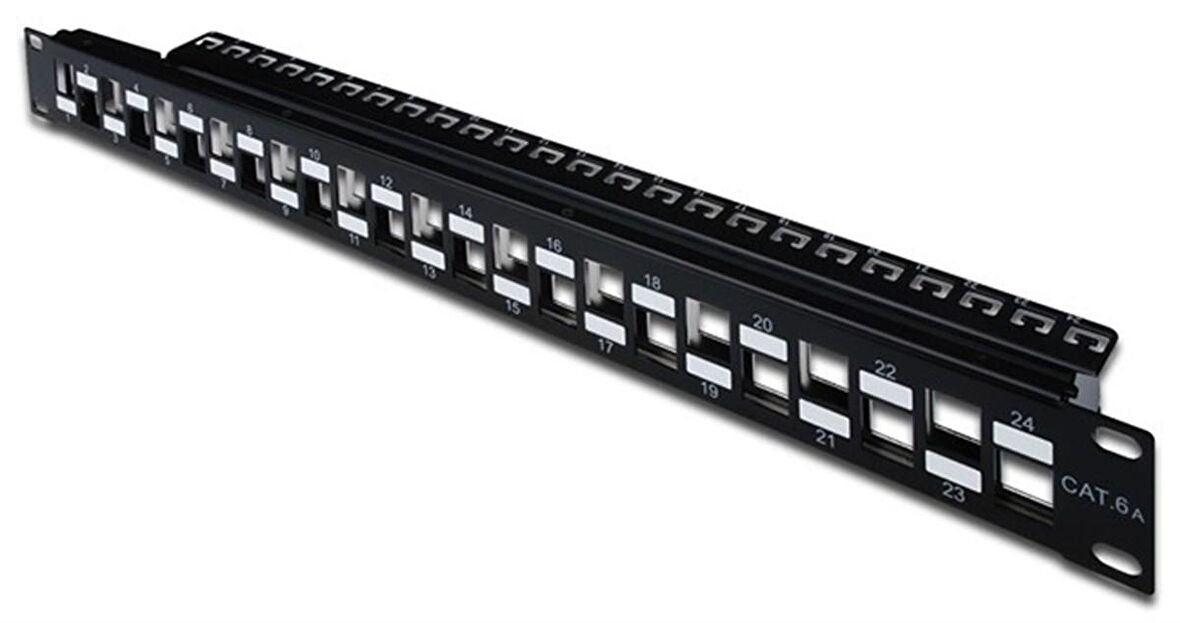 Digitus 24 Port Boş Patch Panel, Zırhlı/Zırhsız Keystone Jack Takılabilir, 1U Yüksekliğinde, Port&#039;ların Yerleşimi Zikzaklı, RAL 9005 renk 