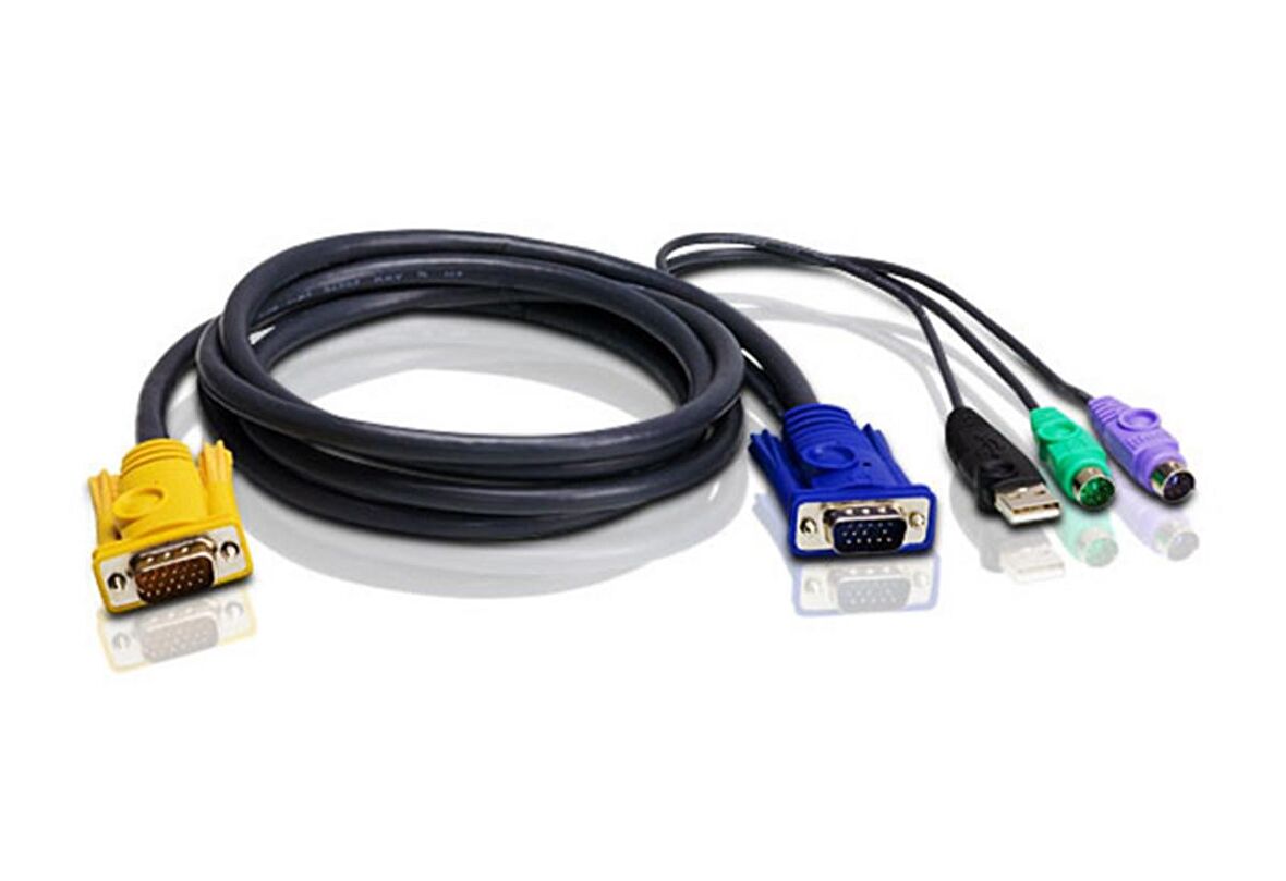 PS/2-USB KVM (Keyboard/Video Monitor/Mouse) Switch İçin Kablo, 3 metre, 1 x SPHD-15 Erkek  1 x Monitör 15 pin HDB erkek, 1 x Klavye 6 pin mini-DIN erkek, 1 x Mouse 6 pin mini-DIN erkek, 1 x Klavye / Mouse USB A erkek 