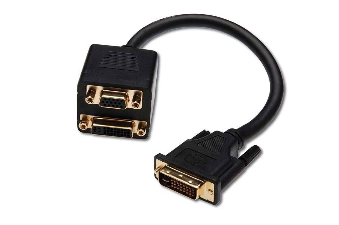 DVI Y-Splitter Kablosu, DVI-I, (24+5), erkek  DVI-I (24+5), dişi + HD15, dişi, 0.20 metre, altın kaplama, siyah renk