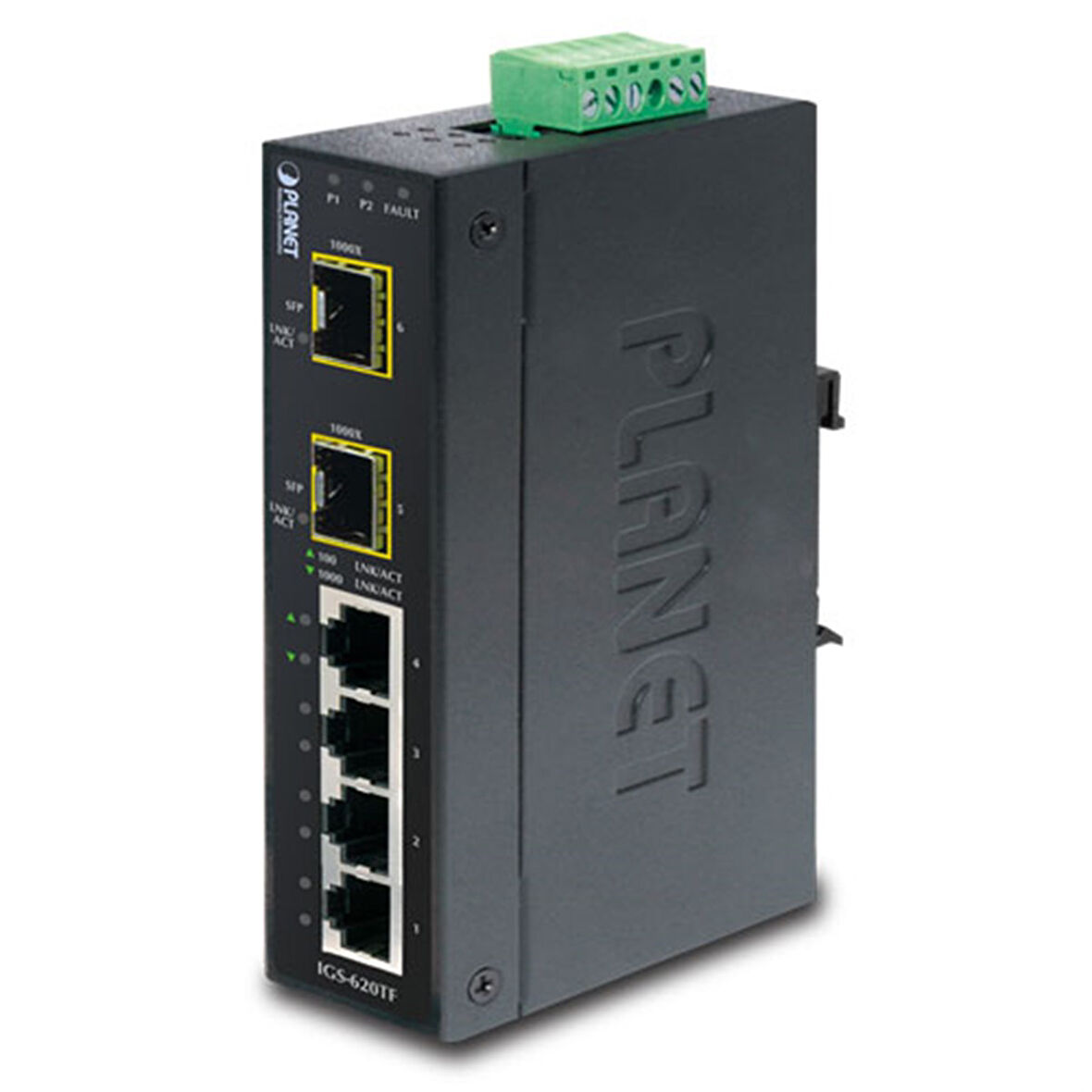 Endüstriyel Tip Yönetilemeyen Ethernet Switch (Industrial Unmanaged Ethernet Switch)
4 x 10/100/1000Base-T
2 x 1000BASE-SX/LX/BX SFP/mini-GBIC yuva (Port-5 ve Port-6), 100Base-FX SFP uyumlu
IP30, -40~75 Derece C