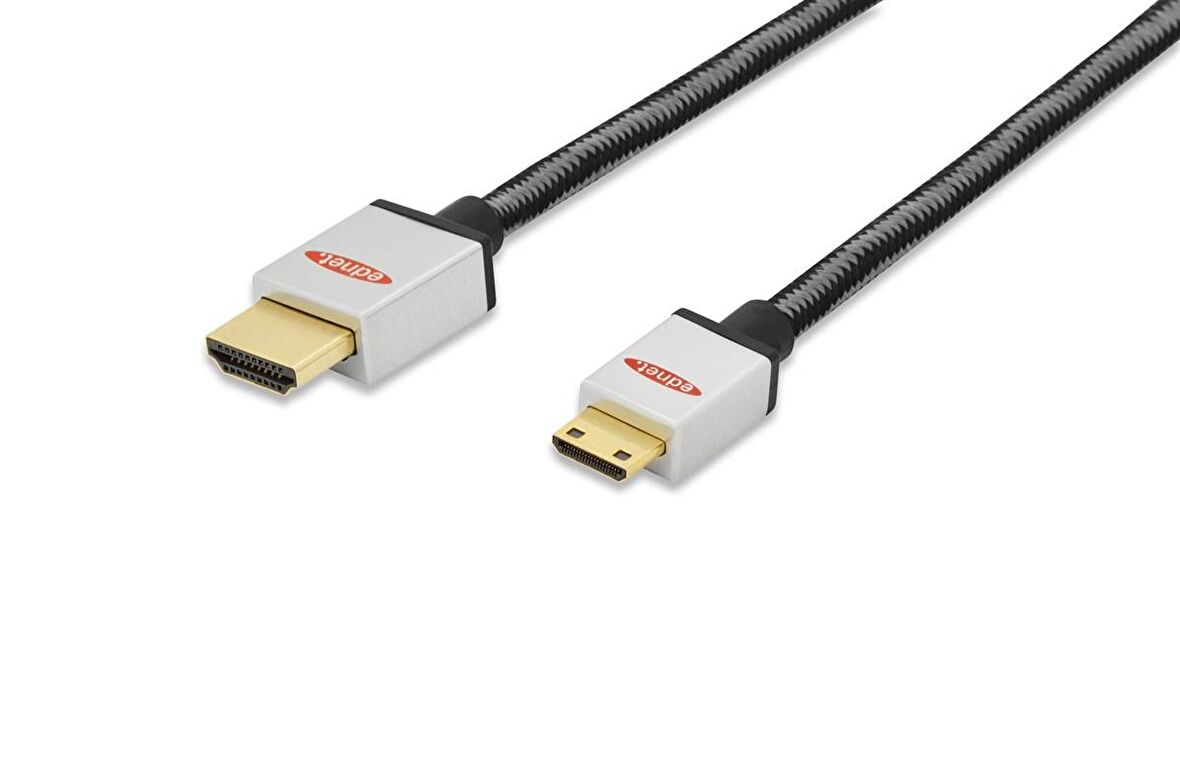 ednet Premium HDMI High Speed with Ethernet Bağlantı Kablosu (HDMI 1.4), 2160p, 4K, HDMI Tip C (mini) Erkek   HDMI A Erkek, 2 metre, AWG30, UL, 2x zırhlı, pamuk örgü kablo kılıfı, altın kaplama, gümüş/siyah renk 