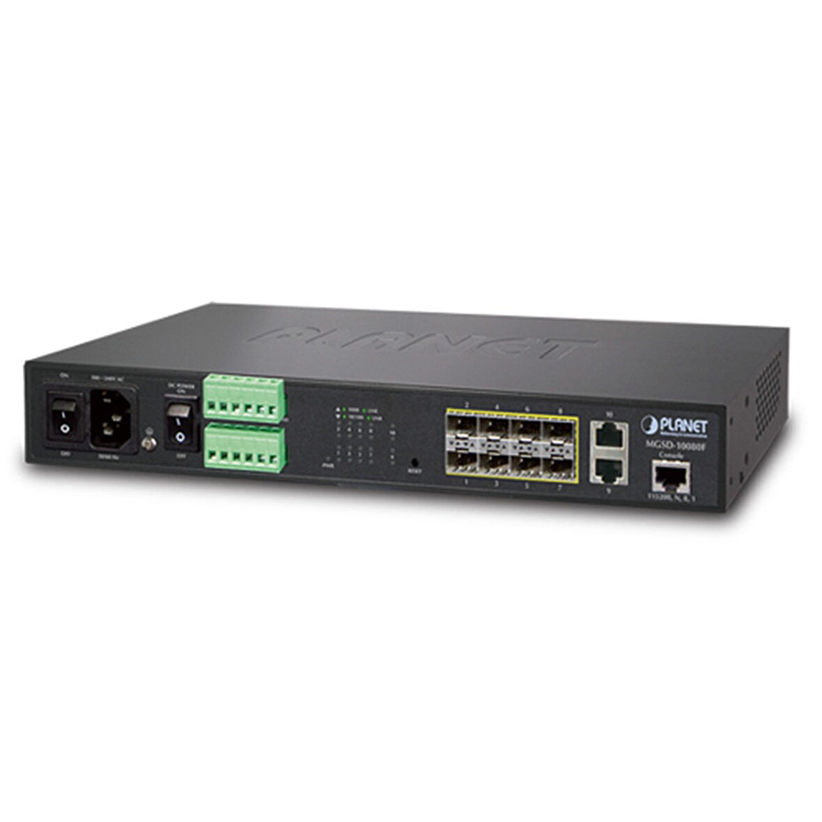 Managed Metro Ethernet Switch
8-Port 1000BASE-SX/LX/BX SFP/mini-GBIC yuva (Port-1 ile Port-8 arası), 100Base-FX SFP uyumlu
2-Port 10/100/1000Base-T  
1 x Konsol port
-10~60 Derece C